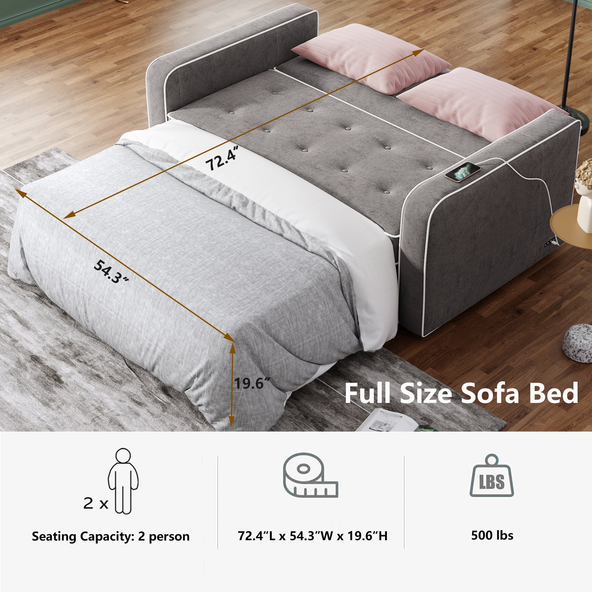 Orisfur. 66" Convertible Sleeper Bed, Adjustable Loveseat Couch with Dual USB Ports for Living Room Space - Atlantic Fine Furniture Inc