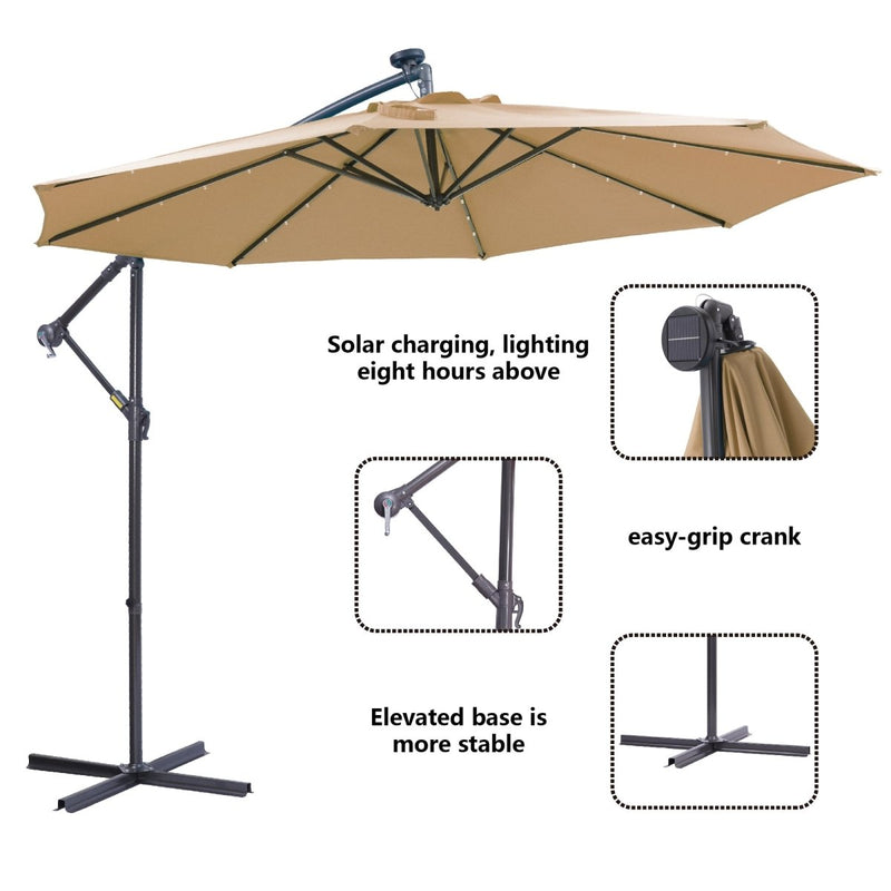 10 FT Solar LED Patio Outdoor Umbrella Hanging Cantilever Umbrella Offset Umbrella Easy Open Adustment with 32 LED Lights -taupe Atlantic Fine Furniture Inc