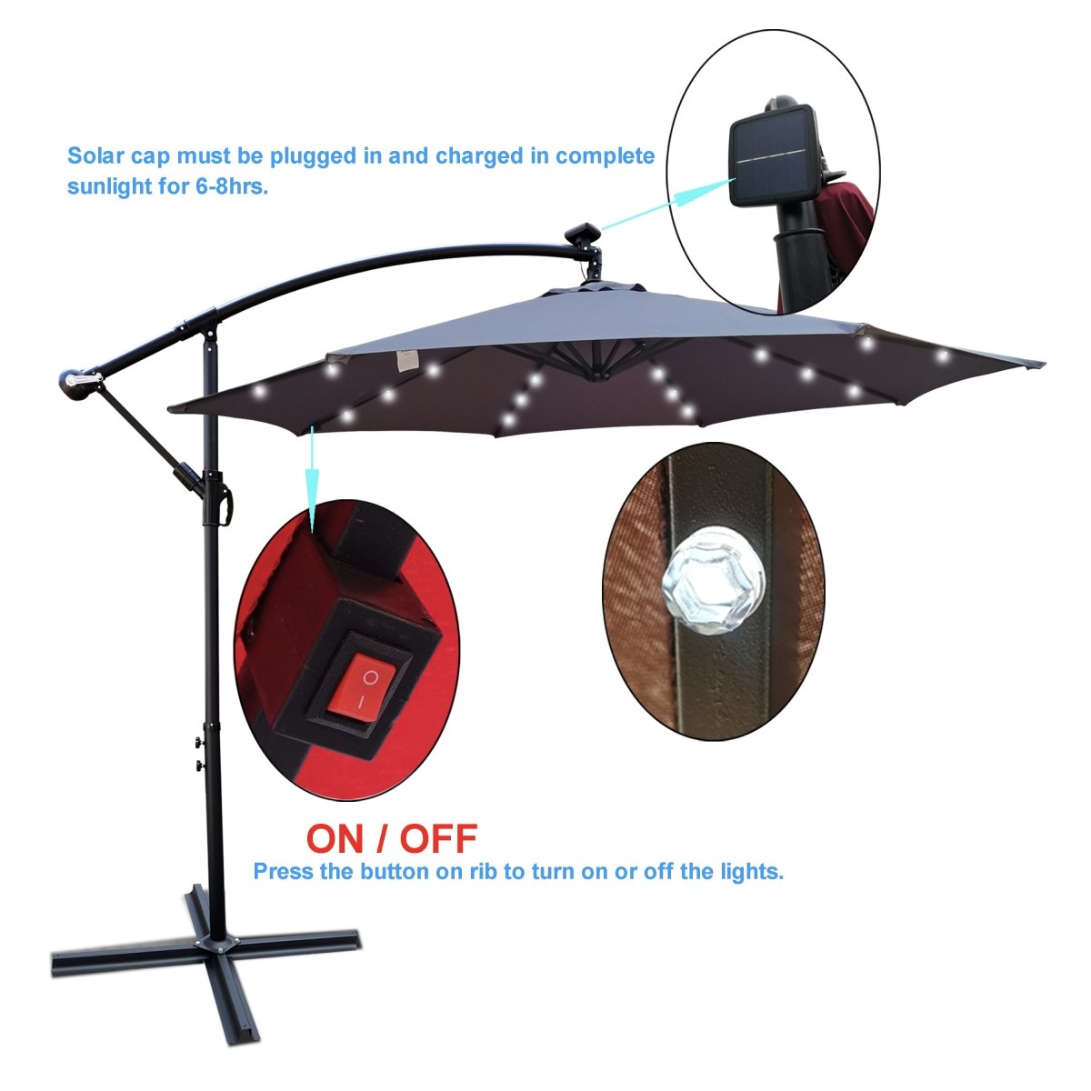 10 ft Outdoor Patio Umbrella Solar Powered LED Lighted Sun Shade Market Waterproof 8 Ribs Umbrella with Crank and Cross Base for Garden Deck Backyard Pool Shade Outside Deck Swimming Pool Atlantic Fine Furniture Inc