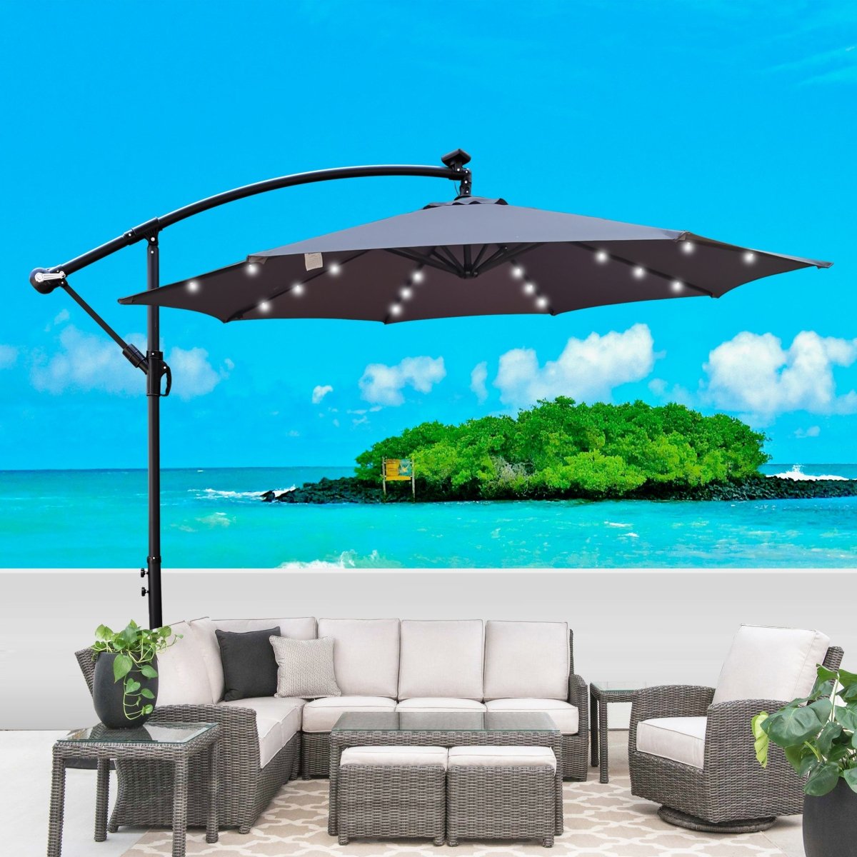 10 ft Outdoor Patio Umbrella Solar Powered LED Lighted Sun Shade Market Waterproof 8 Ribs Umbrella with Crank and Cross Base for Garden Deck Backyard Pool Shade Outside Deck Swimming Pool Atlantic Fine Furniture Inc