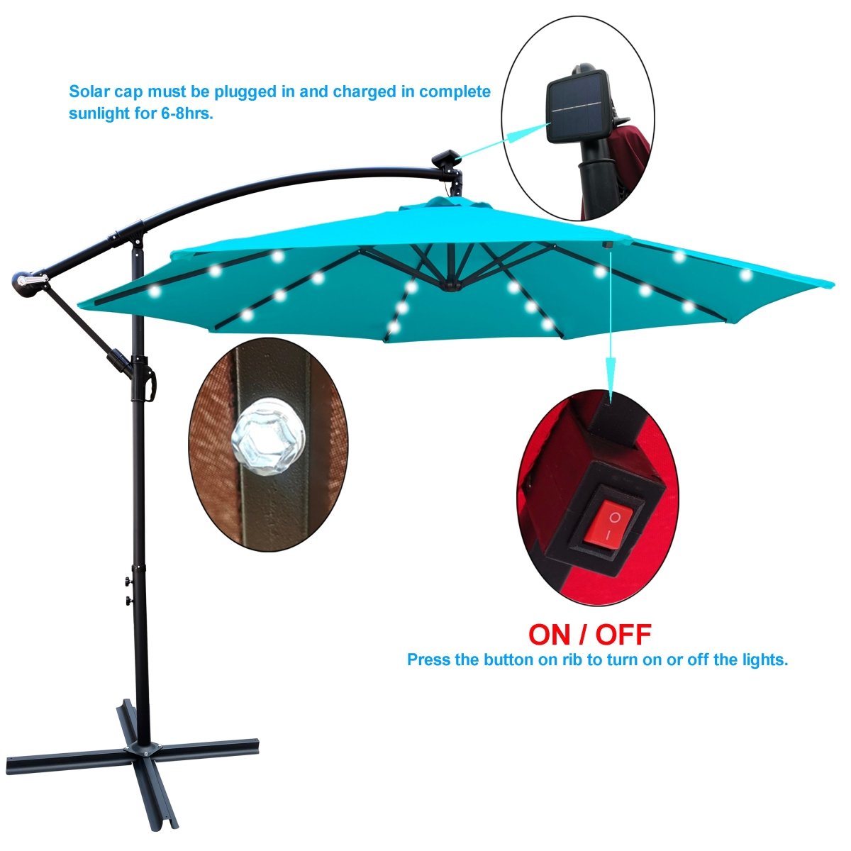 10 ft Outdoor Patio Umbrella Solar Powered LED Lighted Sun Shade Market Waterproof 8 Ribs Umbrella with Crank and Cross Base for Garden Deck Backyard Pool Shade Outside Deck Swimming Pool Atlantic Fine Furniture Inc