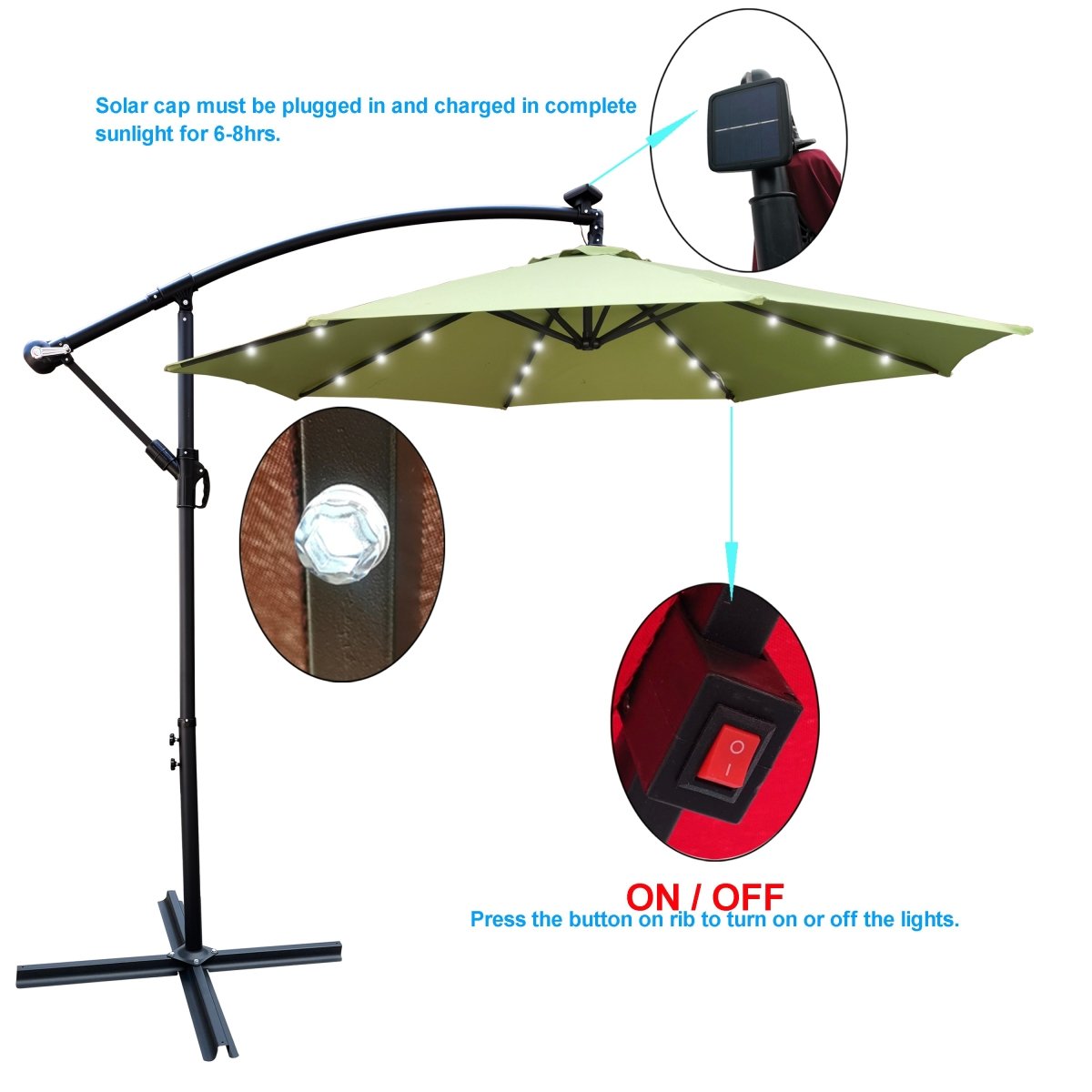 10 ft Outdoor Patio Umbrella Solar Powered LED Lighted Sun Shade Market Waterproof 8 Ribs Umbrella with Crank and Cross Base for Garden Deck Backyard Pool Shade Outside Deck Swimming Pool Atlantic Fine Furniture Inc