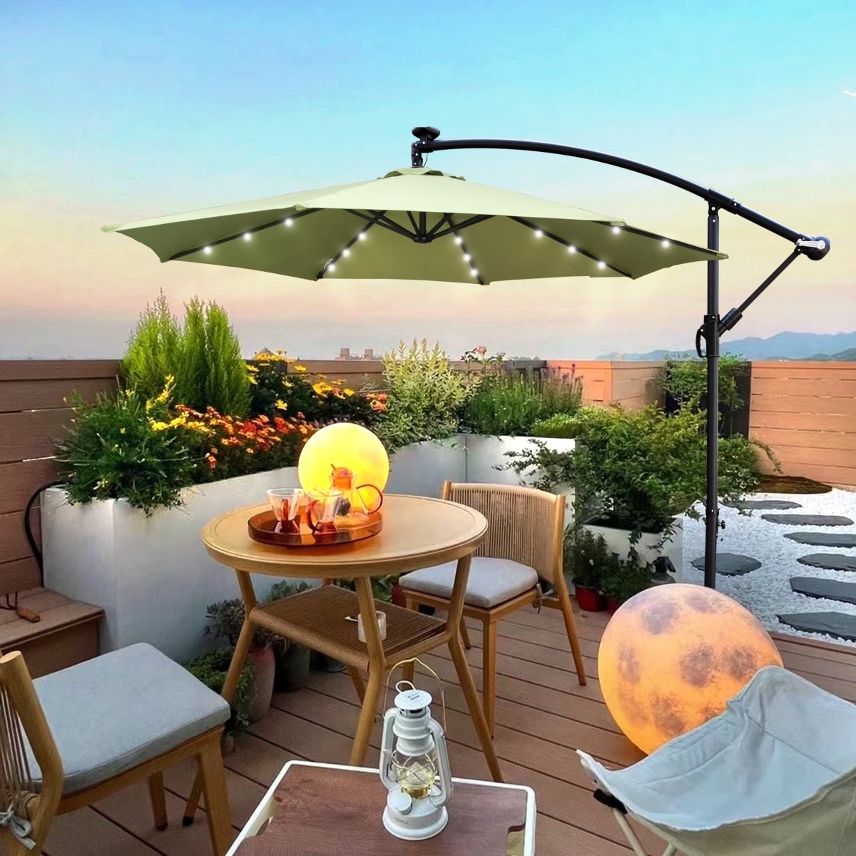 lighted umbrella for patio table PHI VILLA 13ft w/ 120 PCS Color Changing Solar Lights, Navy Metal Overall Dimensions 10 ft Outdoor Patio Umbrella
