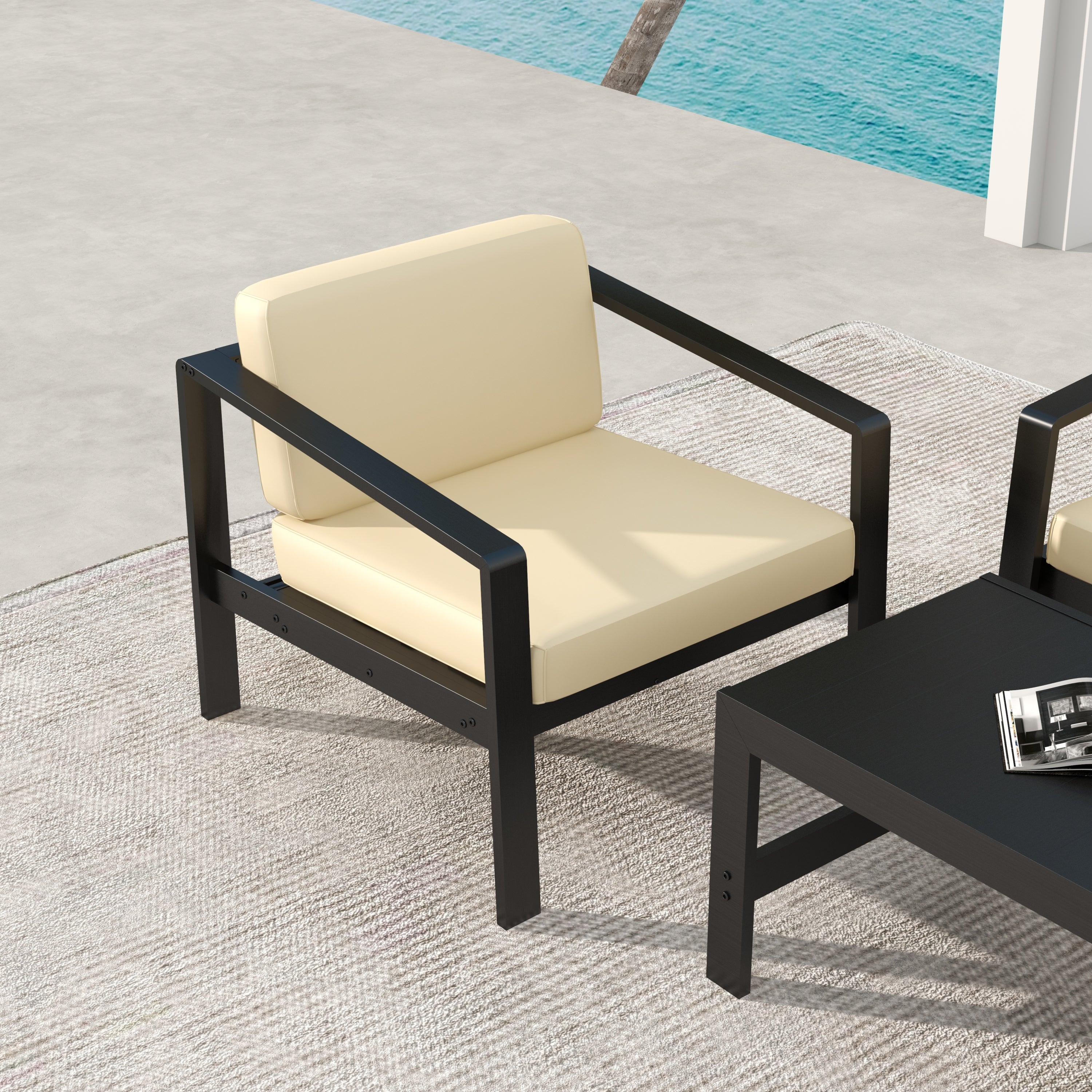 Outdoor Patio Furniture Single Armchair with Cushions in stripe for Restaurant Outdoor courtyard Garden Open-air balcony Poolside,Black aluminum fram,Modern Design - Atlantic Fine Furniture Inc