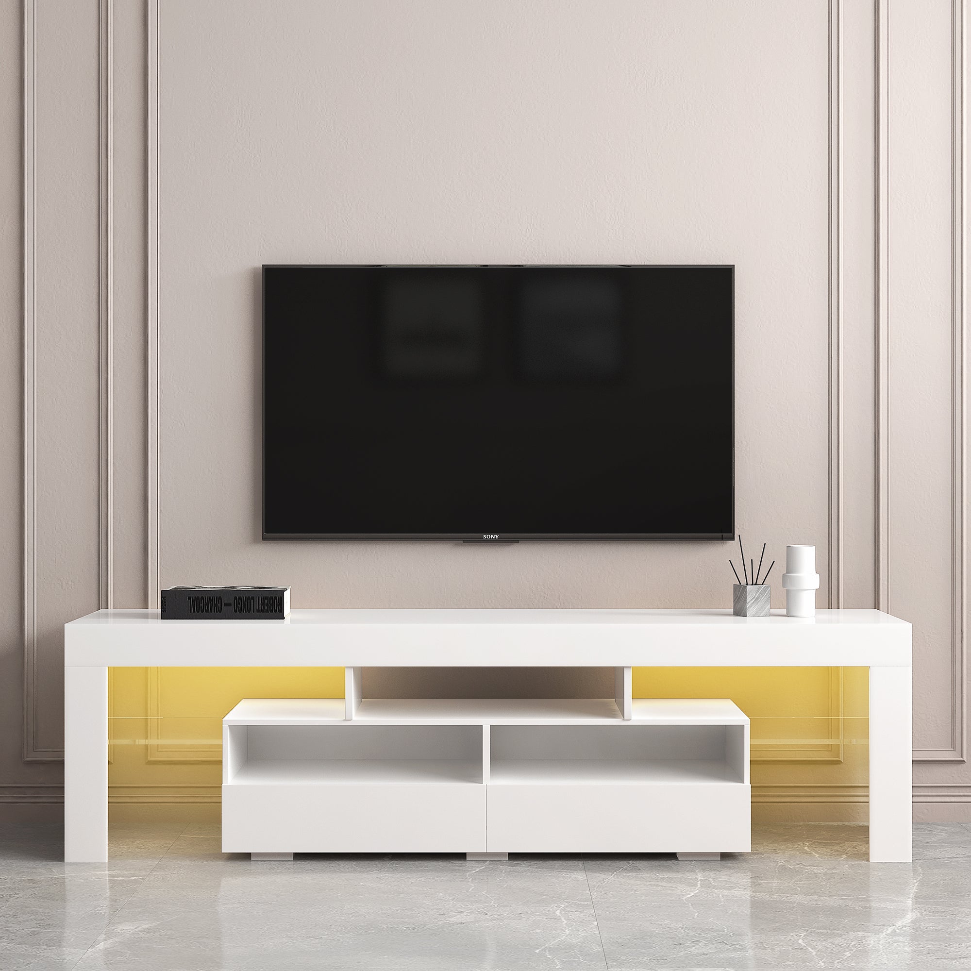 Living Room Furniture TV Stand Cabinet with 2 Drawers & 2 open shelves,20-color RGB LED lights with remote,White - Atlantic Fine Furniture Inc