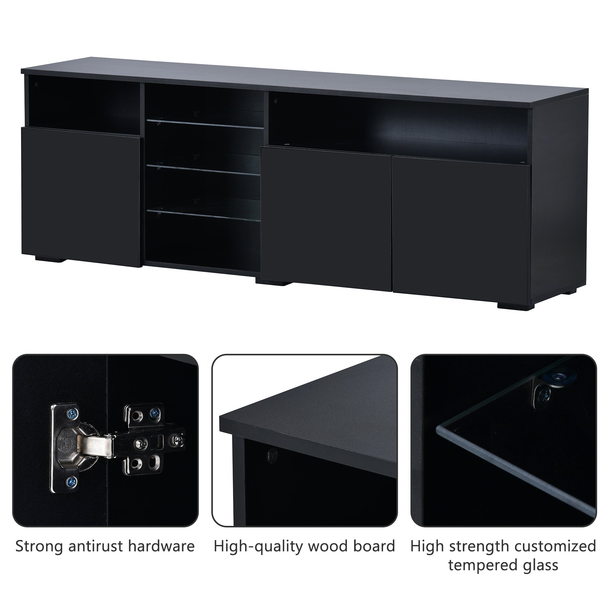 U-Can Modern, Stylish Functional TV stand with Color Changing LED Lights, Universal Entertainment Center, High Gloss TV Cabinet for 70+ inch TV, Black - Atlantic Fine Furniture Inc