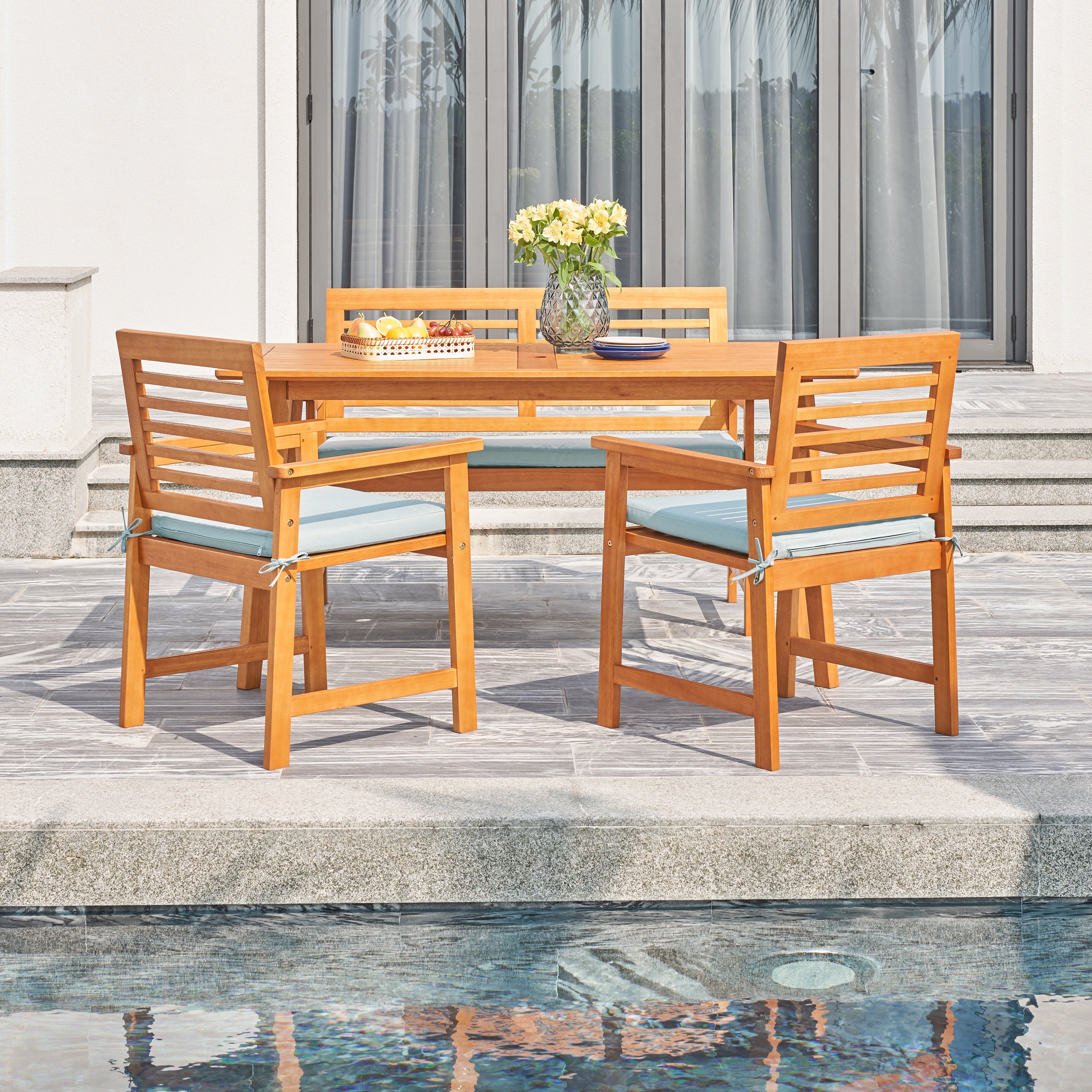 Waimea Honey 4-Piece Slatted Eucalyptus Wood Patio Dining Set with Bench and Cushion - Atlantic Fine Furniture Inc