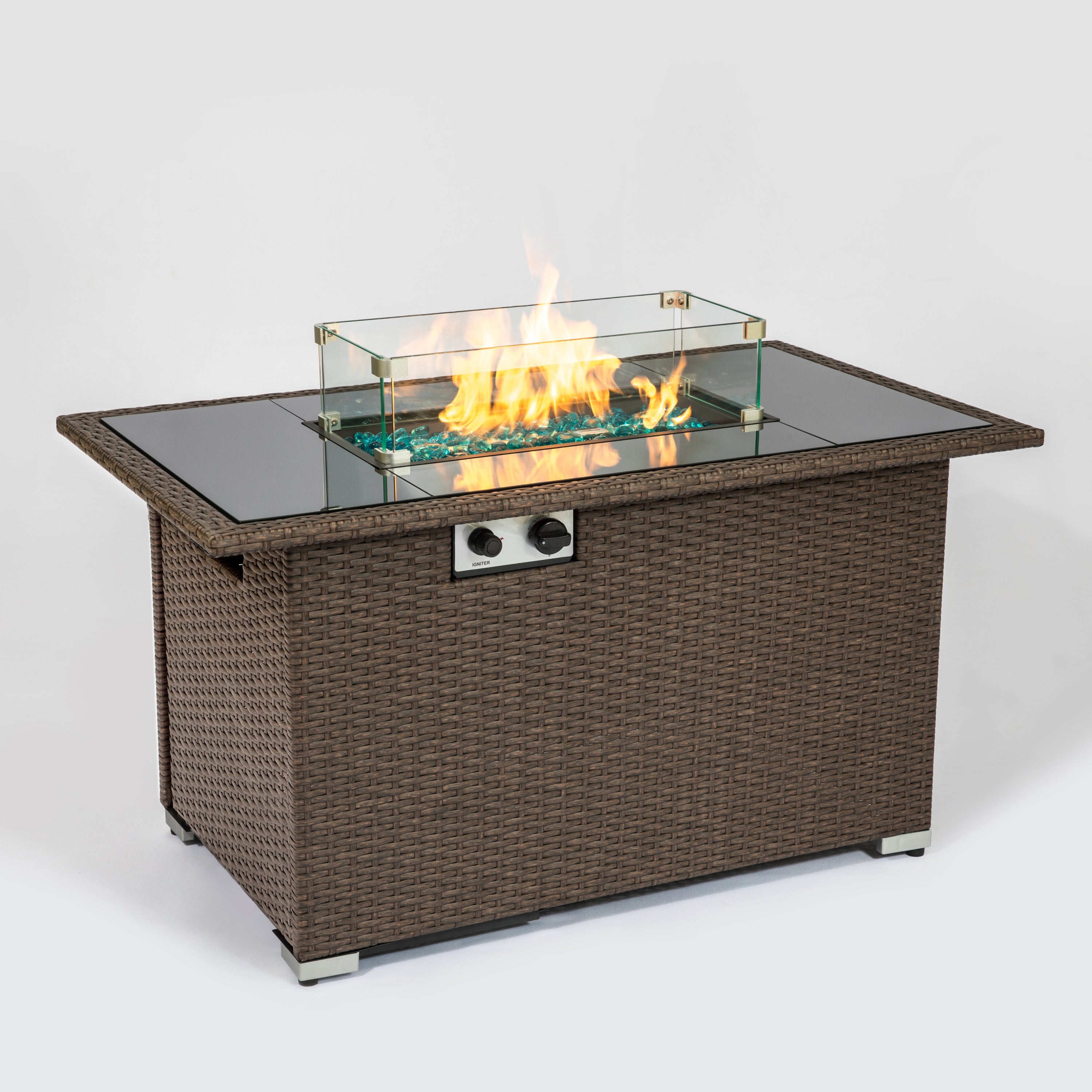 Outdoor 44" Propane Fire pit Table Rectangle 50,000 BTU with 8mm Tempered Glass Tabletop & Blue Stone& Steel table lid &Table waterproof dusty Cover ,ETL Certification (Brown) - Atlantic Fine Furniture Inc