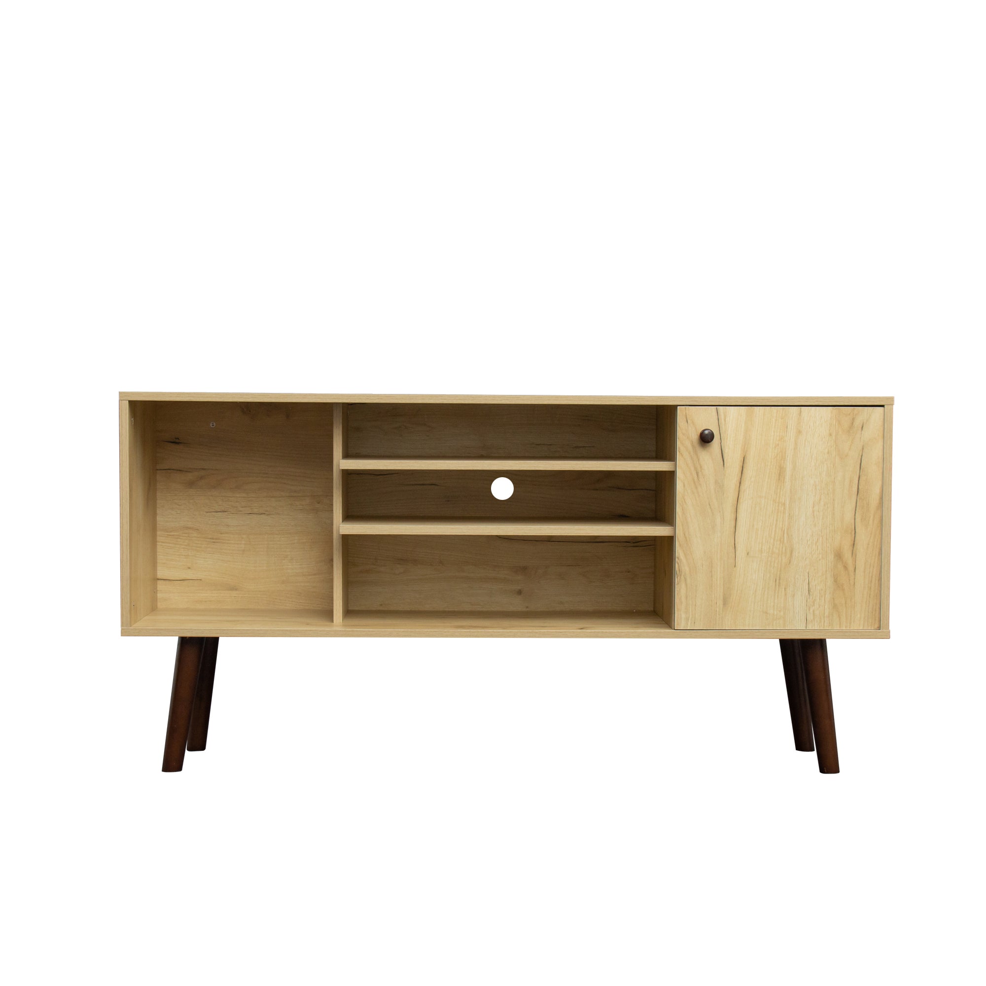 Mid-Century TV Stand for TVs up to 60 Inches, Entertainment Center with Open Storage Shelves & Cabinet, Modern TV Console for Living Room, Rustic Oak. - Atlantic Fine Furniture Inc
