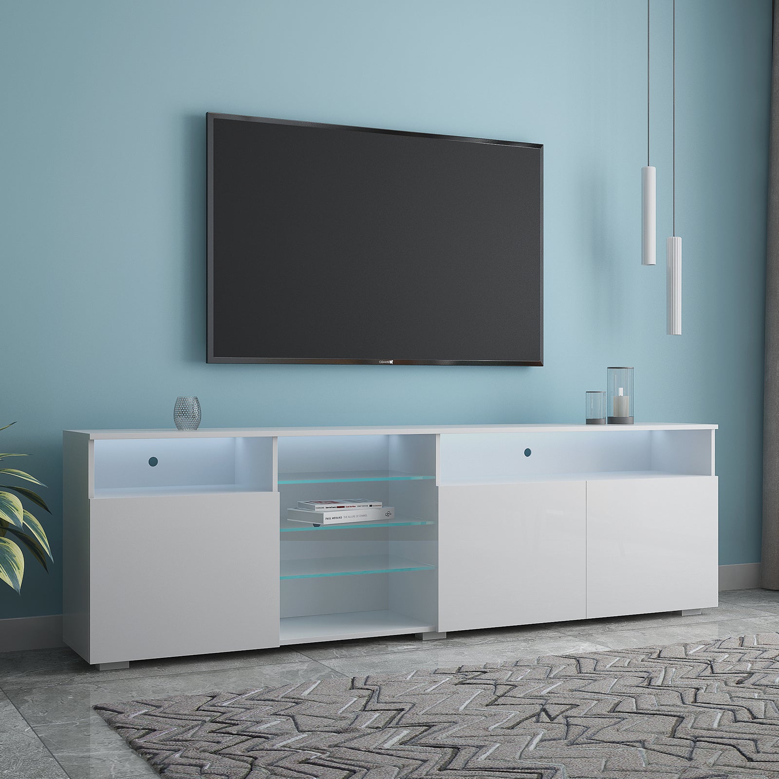 TV Stand High Gloss Doors Modern TV Stand LED (White) - Atlantic Fine Furniture Inc