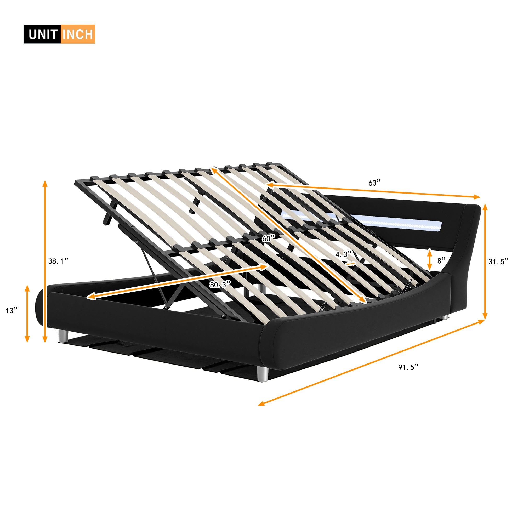 Queen Size Low Profile Upholstered Platform Bed with LED headboard,Black - Atlantic Fine Furniture Inc