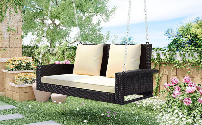 Go 2 Person Wicker Hanging Porch Swing With Chains, Cushion, Pillow, Rattan Swing Bench For Garden, Backyard, Pond. (Brown Wicker, Beige Cushion)