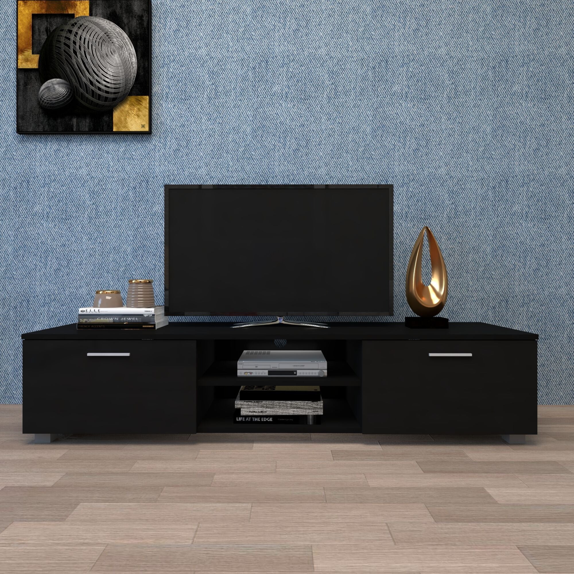 Black TV Stand for 70 Inch TV Stands, Media Console Entertainment Center Television Table, 2 Storage Cabinet with Open Shelves for Living Room Bedroom - Atlantic Fine Furniture Inc