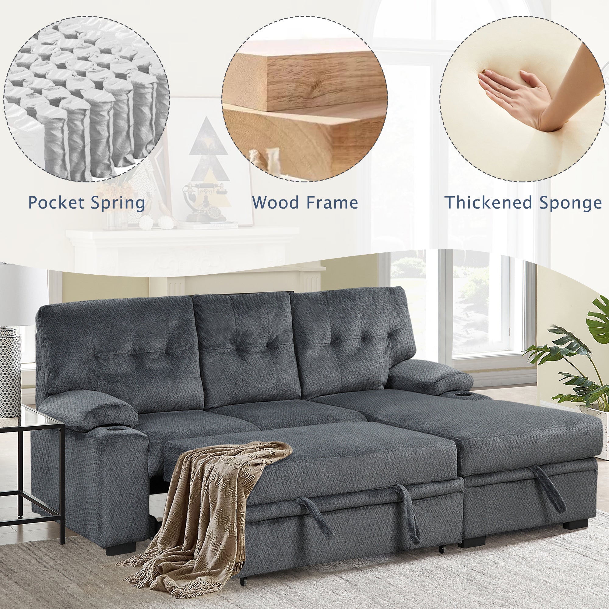 Orisfur. Modern Padded Upholstered Sofa Bed Sleeper Sectional Sofa with Storage Chaise and Cup Holder for Living Room Furniture Set - Atlantic Fine Furniture Inc