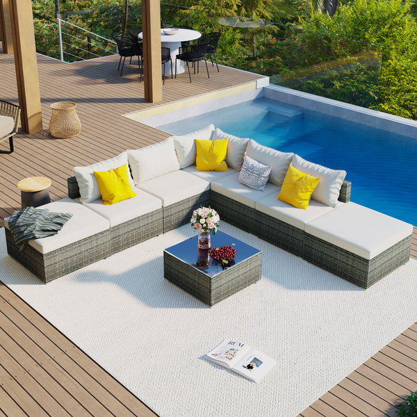 8 Pieces Outdoor Patio Furniture Sets, Garden Conversation Wicker Sofa Set, Single Sofa Combinable, Beige Cushions Gray Wicker