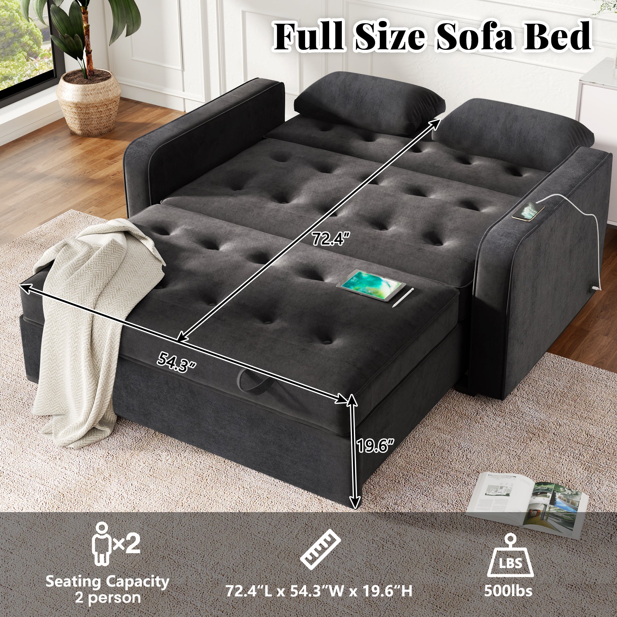 Linen Upholstered Sleeper Bed , Pull Out Sofa Bed Couch attached two throw pillows,Dual USB Charging Port and Adjustable Backrest for Living Room Space,Black - Atlantic Fine Furniture Inc