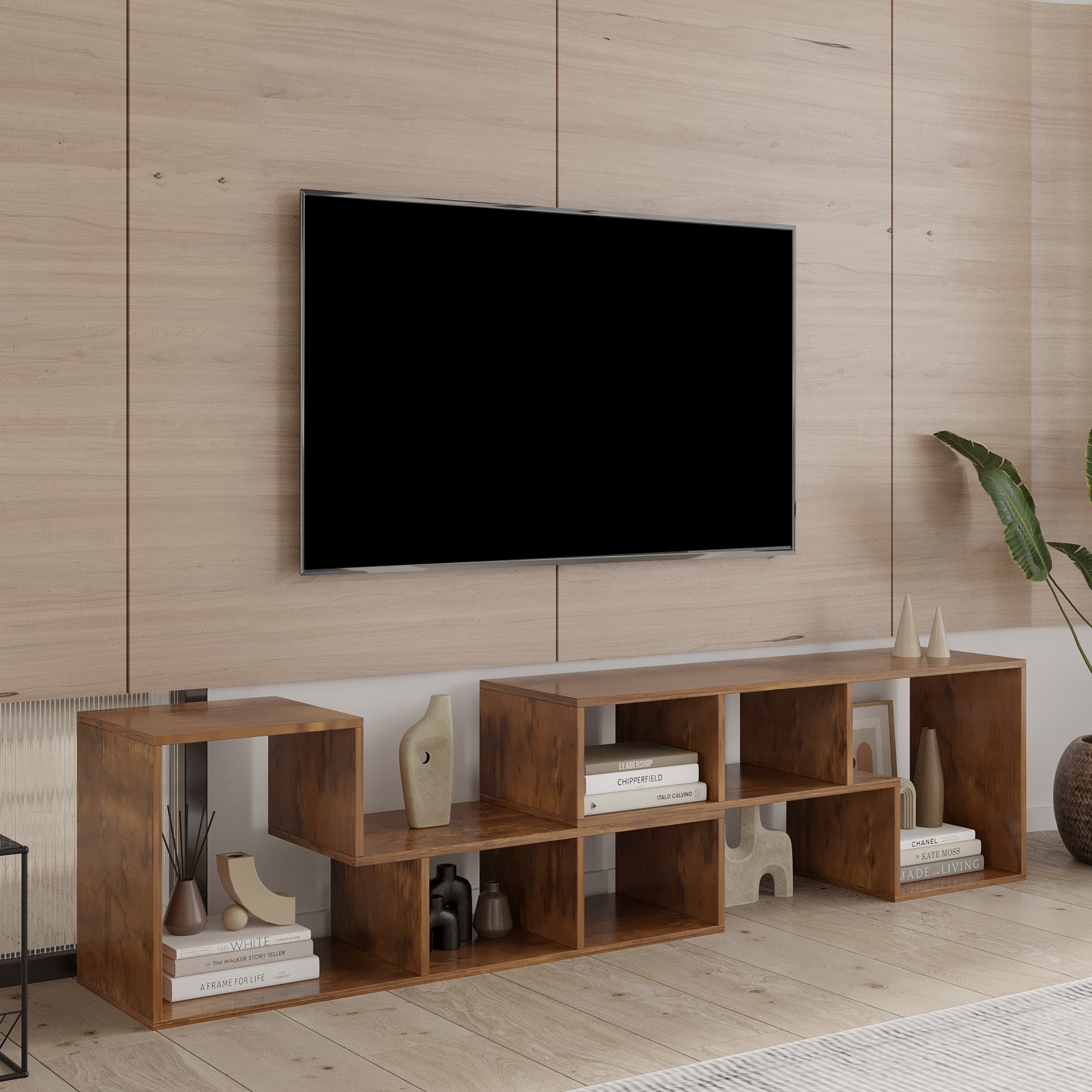 Double L-Shaped TV Stand,Display Shelf ,Bookcase for Home Furniture,Walnut - Atlantic Fine Furniture Inc