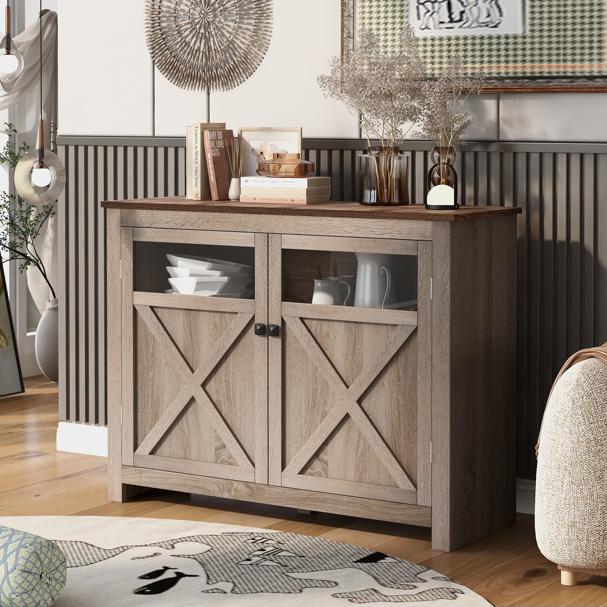 U-Can TV Stand with 2 Doors Adjustable Panels Open Style Cabinet, Sideboard for Living room, Tiger - Atlantic Fine Furniture Inc