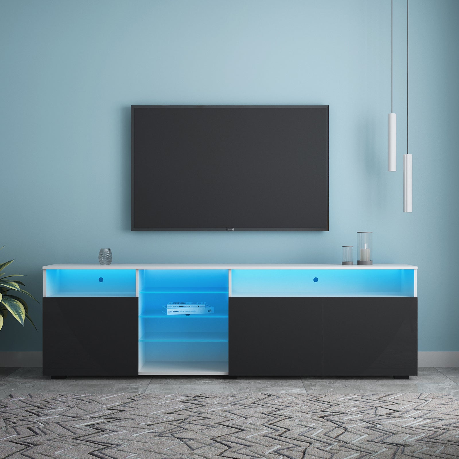 TV Stand High Gloss Doors Modern TV Stand LED(White/Black) - Atlantic Fine Furniture Inc