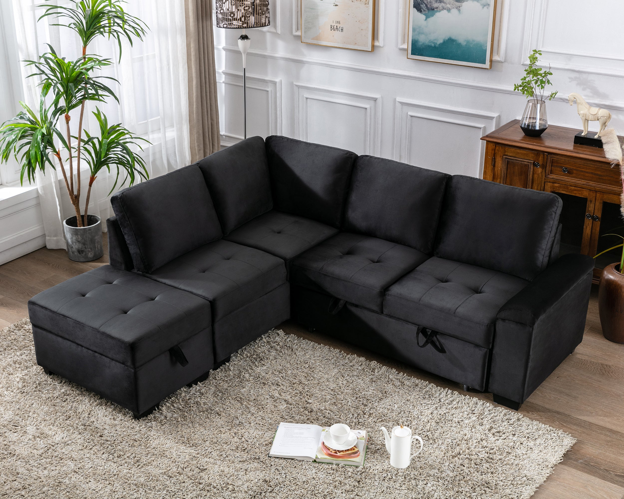 Orisfur. 86" Sleeper Sectional Sofa, L-Shape Corner Couch Sofa-Bed with Storage Ottoman & Hidden Arm Storage for Living Room Apartment - Atlantic Fine Furniture Inc