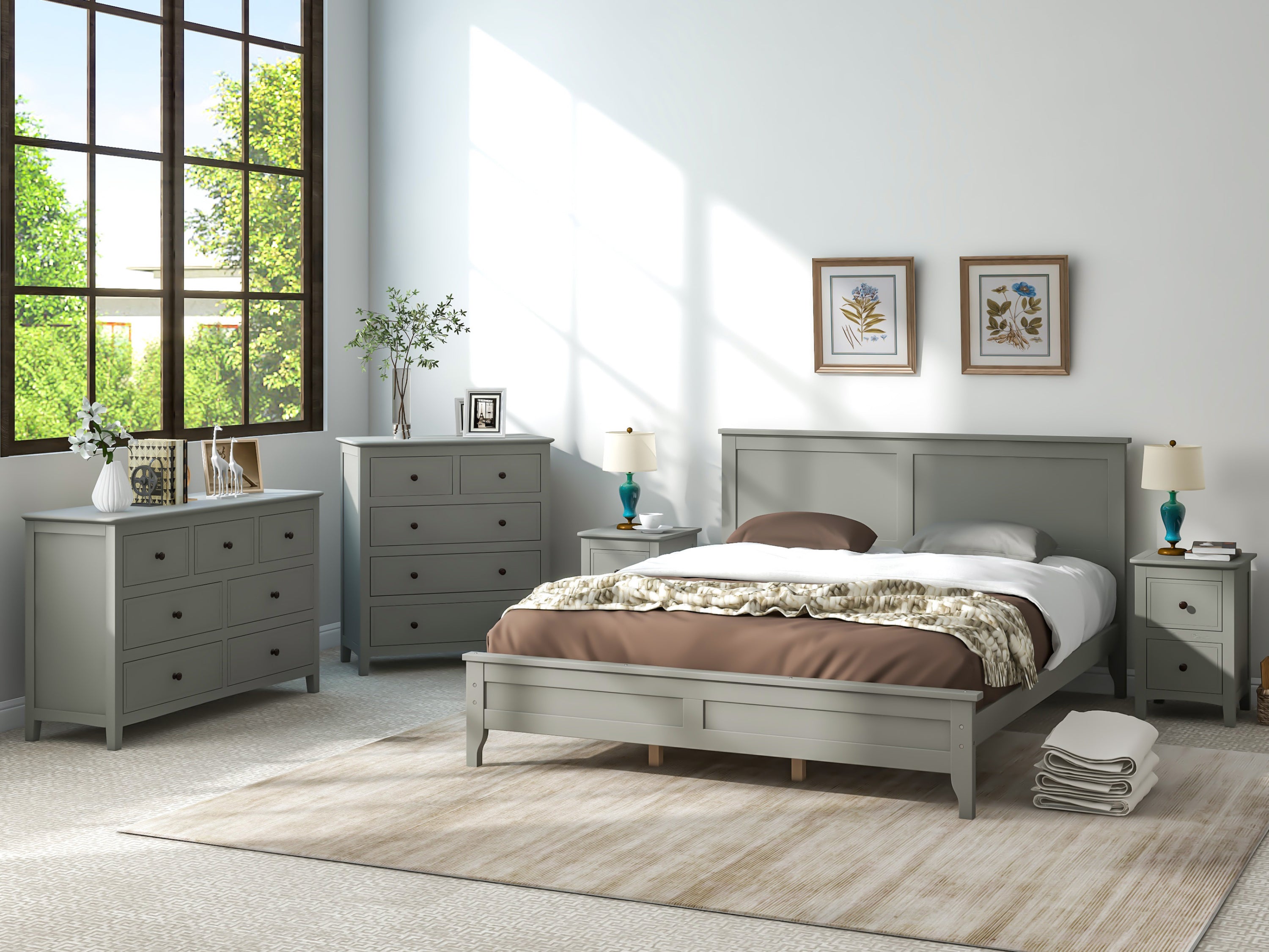Gray Solid Wood 5 Pieces Queen Bedroom Sets(bed+nightstand*2+chest+dresser)NEW - Atlantic Fine Furniture Inc