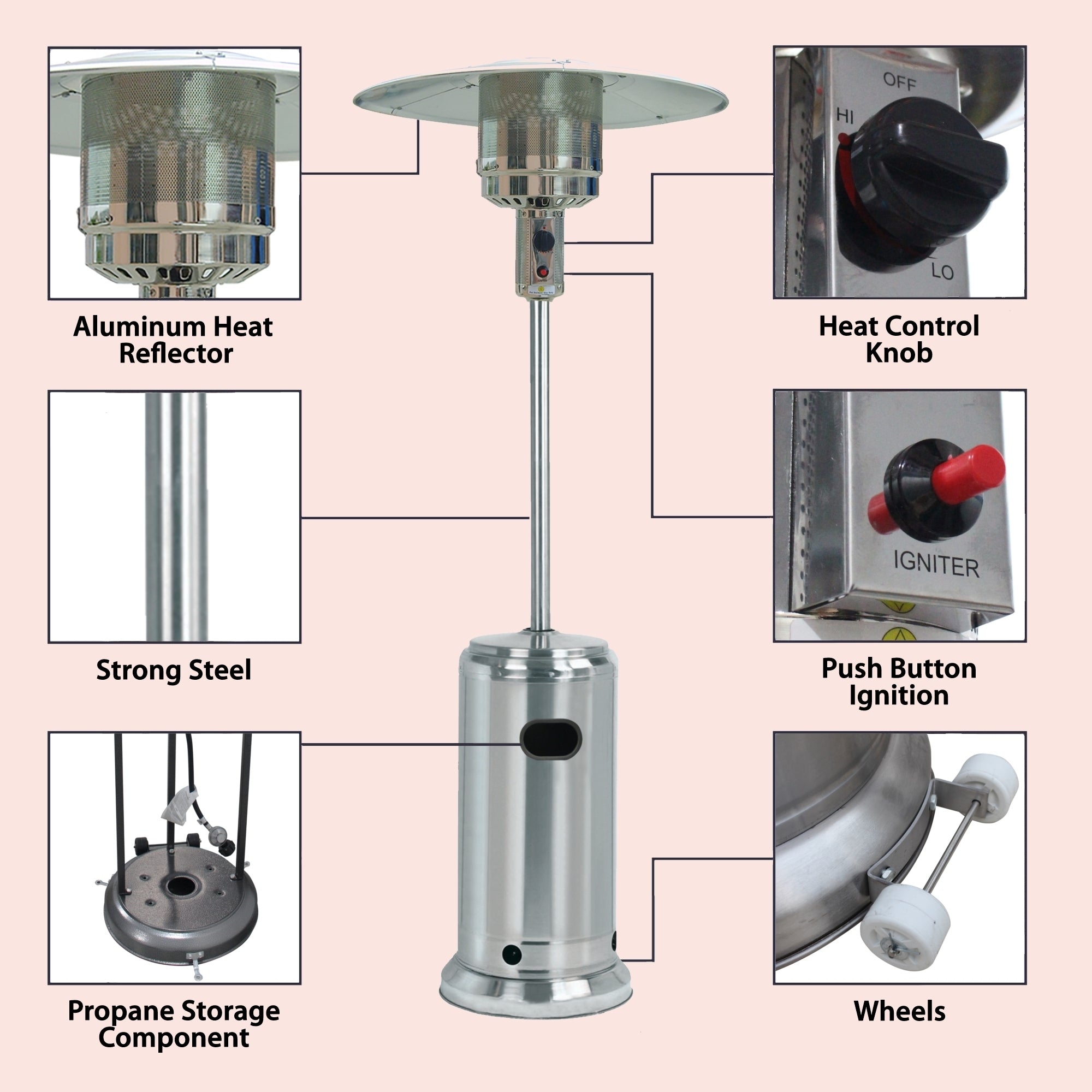 Outdoor Patio Heater 41000btu Floorstanding Propane Heater With Wheels - Atlantic Fine Furniture Inc
