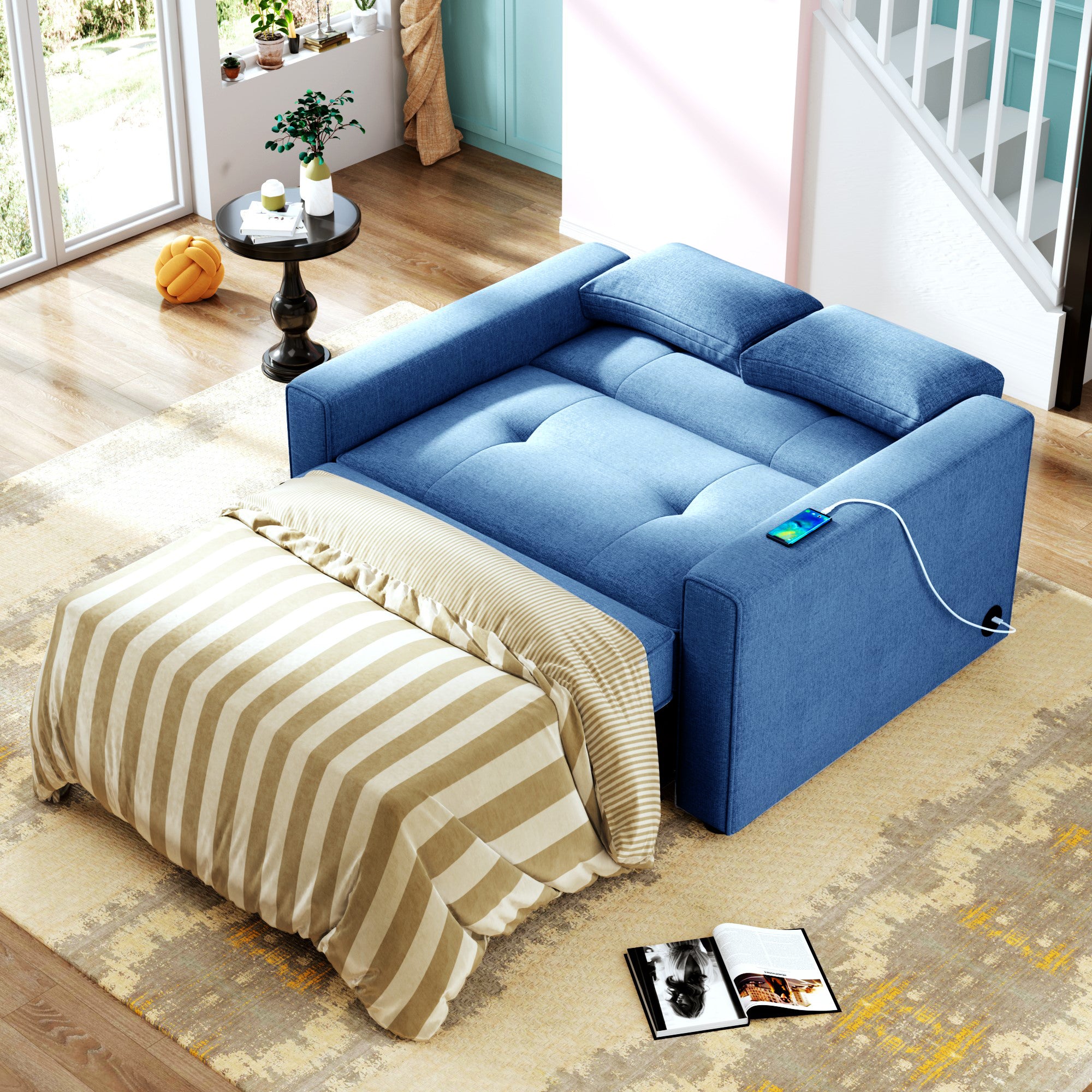Orisfur. 48" Convertible Sleeper Sofa Bed, Multi-Functional Adjustable Single Bed Chair with USB Port and 2 Pillows for Small Space - Atlantic Fine Furniture Inc