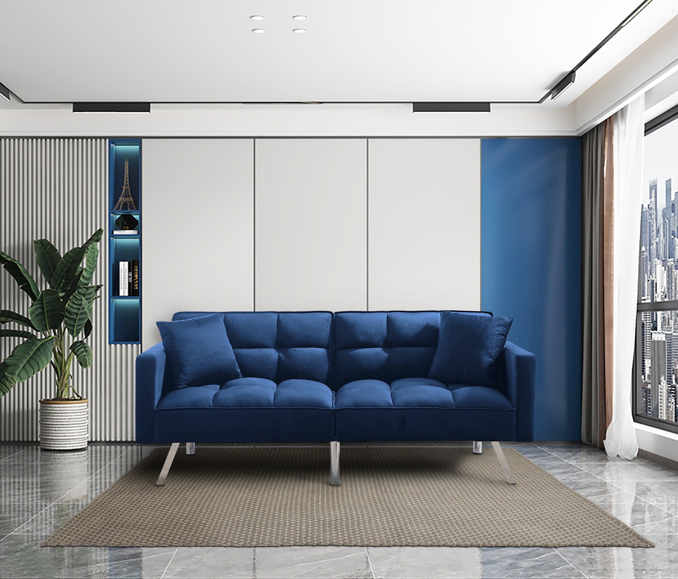 FUTON SOFA SLEEPER Navy Blue VELVET WITH 2 PILLOWS(same as W223S00357、W223S01465。Size difference, See Details in page.) - Atlantic Fine Furniture Inc