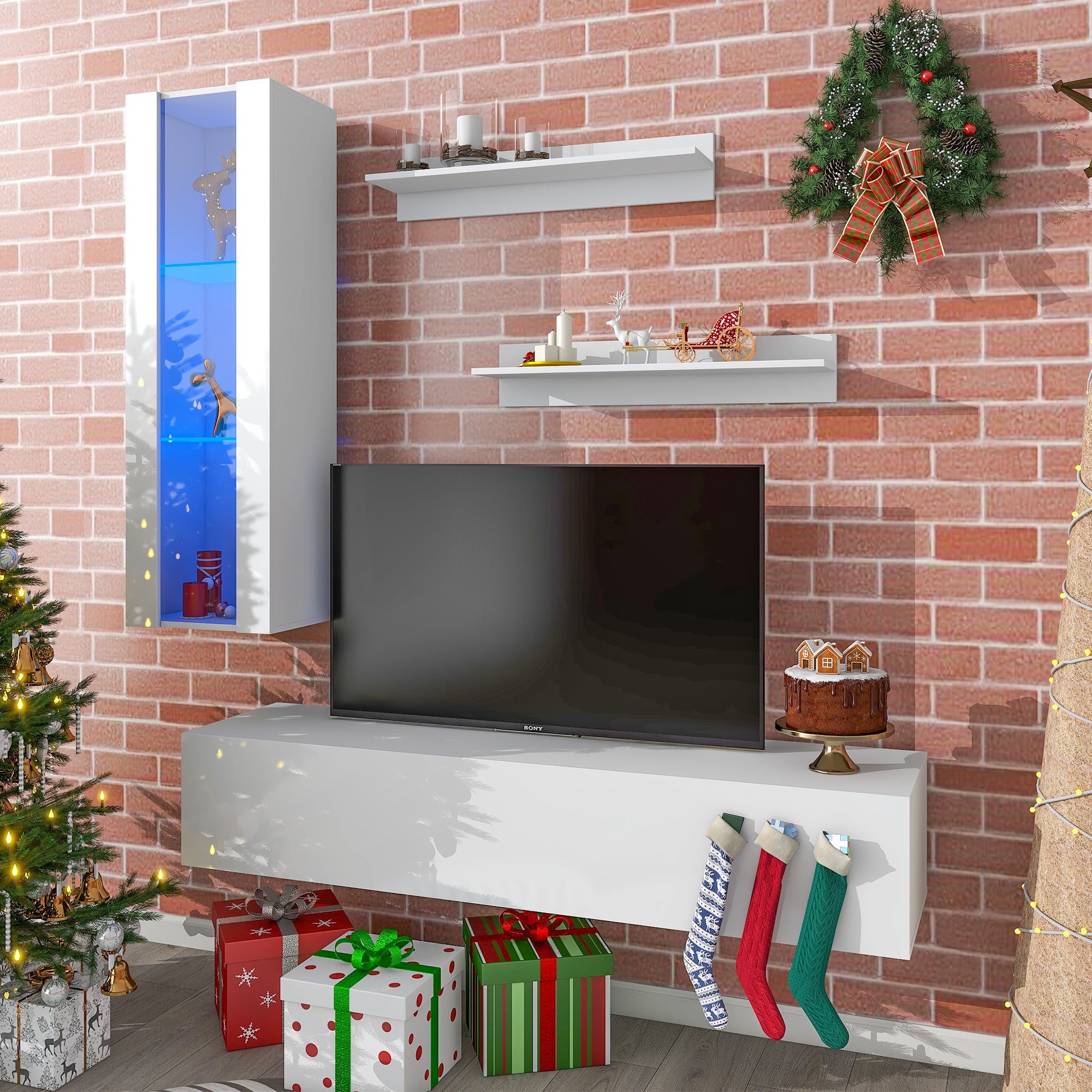 ON-TREND 4-Piece Wall Mount Floating TV Stand with See-through Media Storage Cabinet, Modern High Gloss Entertainment Center up to 70+ Inch TV, RGB Lights for Living Room, Home Theater, White - Atlantic Fine Furniture Inc