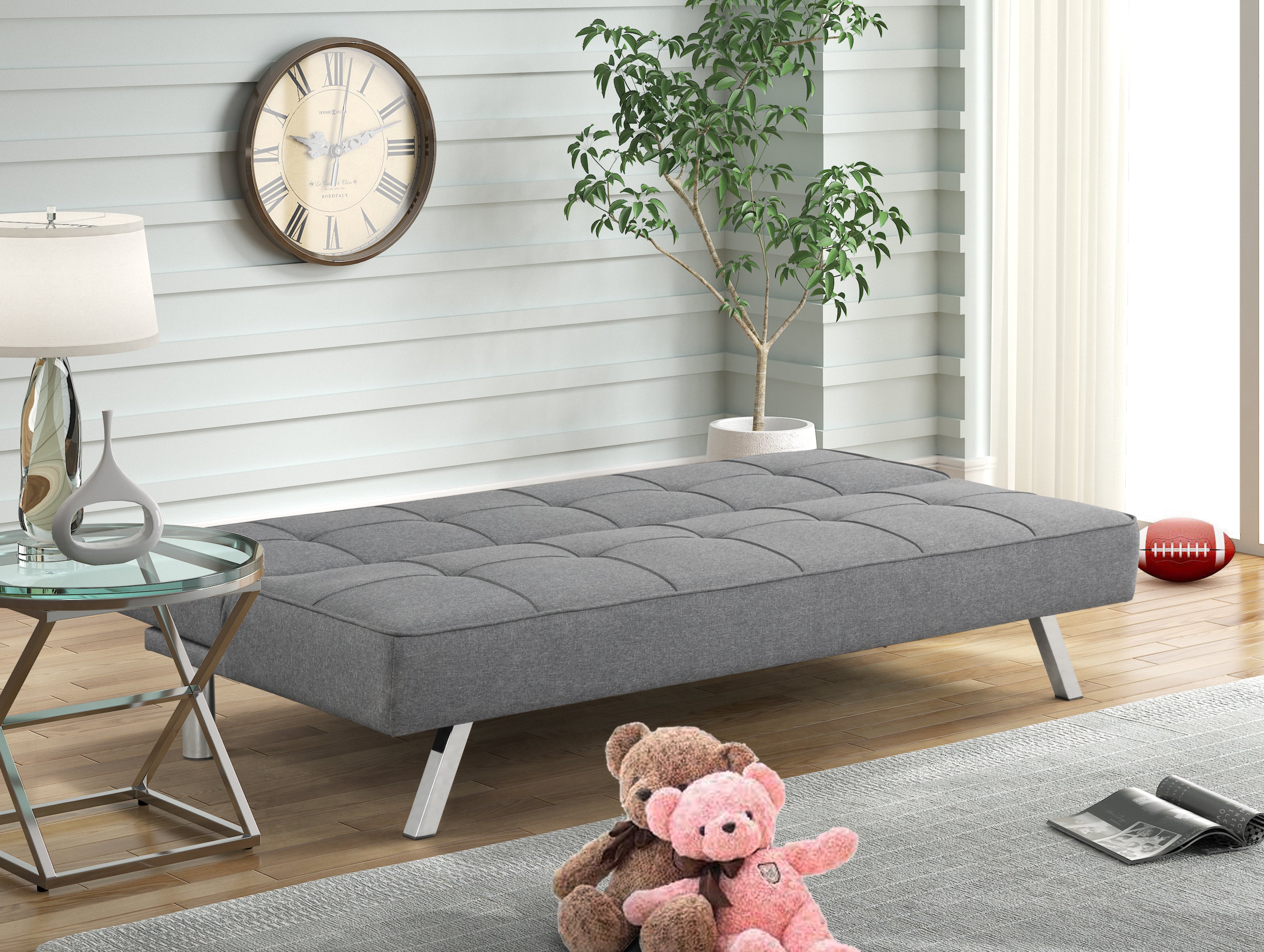 Convertible Futon Sofa Bed Linen Small Couch Fabric Folding Sleeper Sofa for Living Room Furniture Set with Chrome Legs Gray - Atlantic Fine Furniture Inc