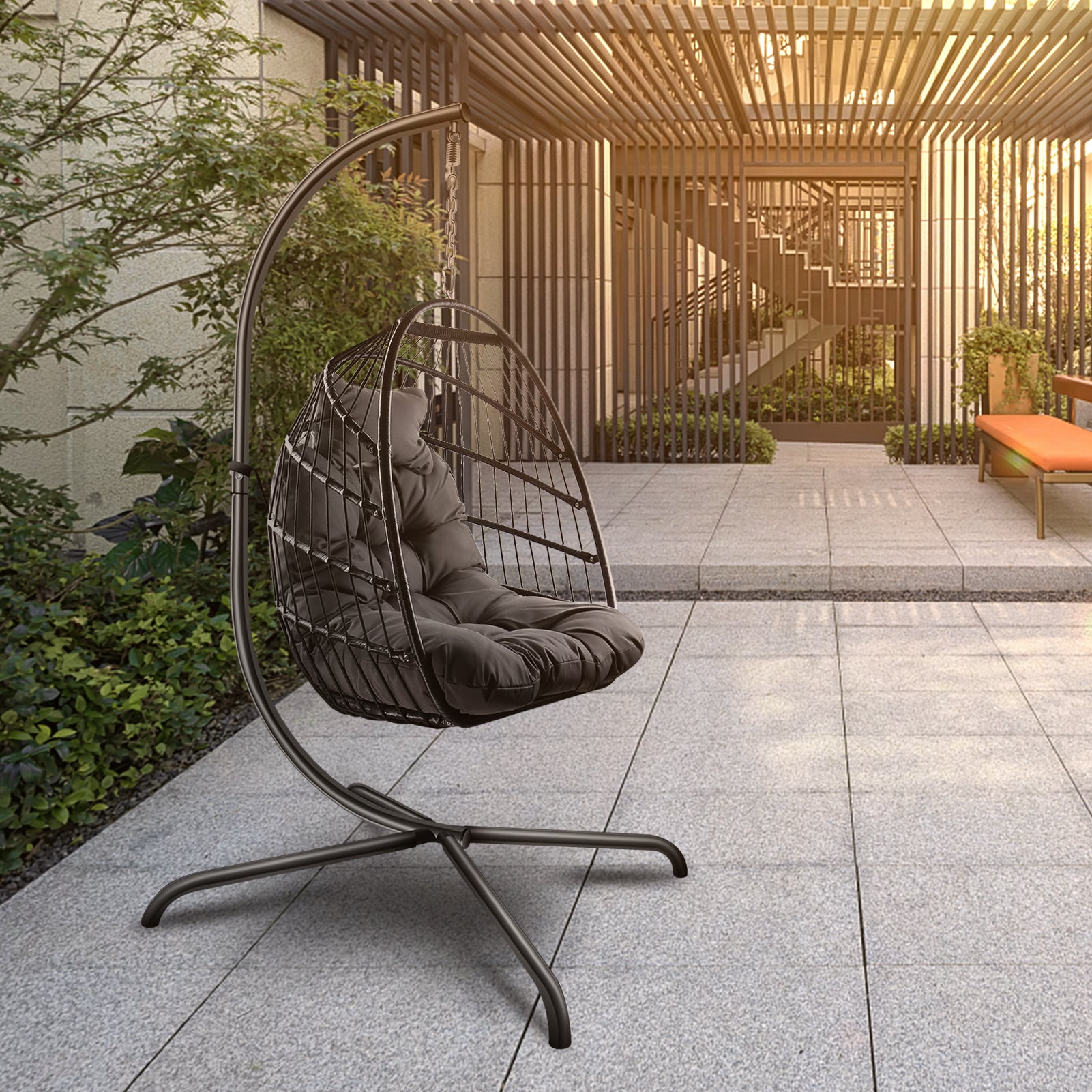 Swing Egg Chair with Stand Indoor Outdoor Wicker Rattan Patio Basket Hanging Chair with C Type bracket , with cushion and pillow,Patio Wicker folding Hanging Chair( Black New arrivals within 10 days) - Atlantic Fine Furniture Inc