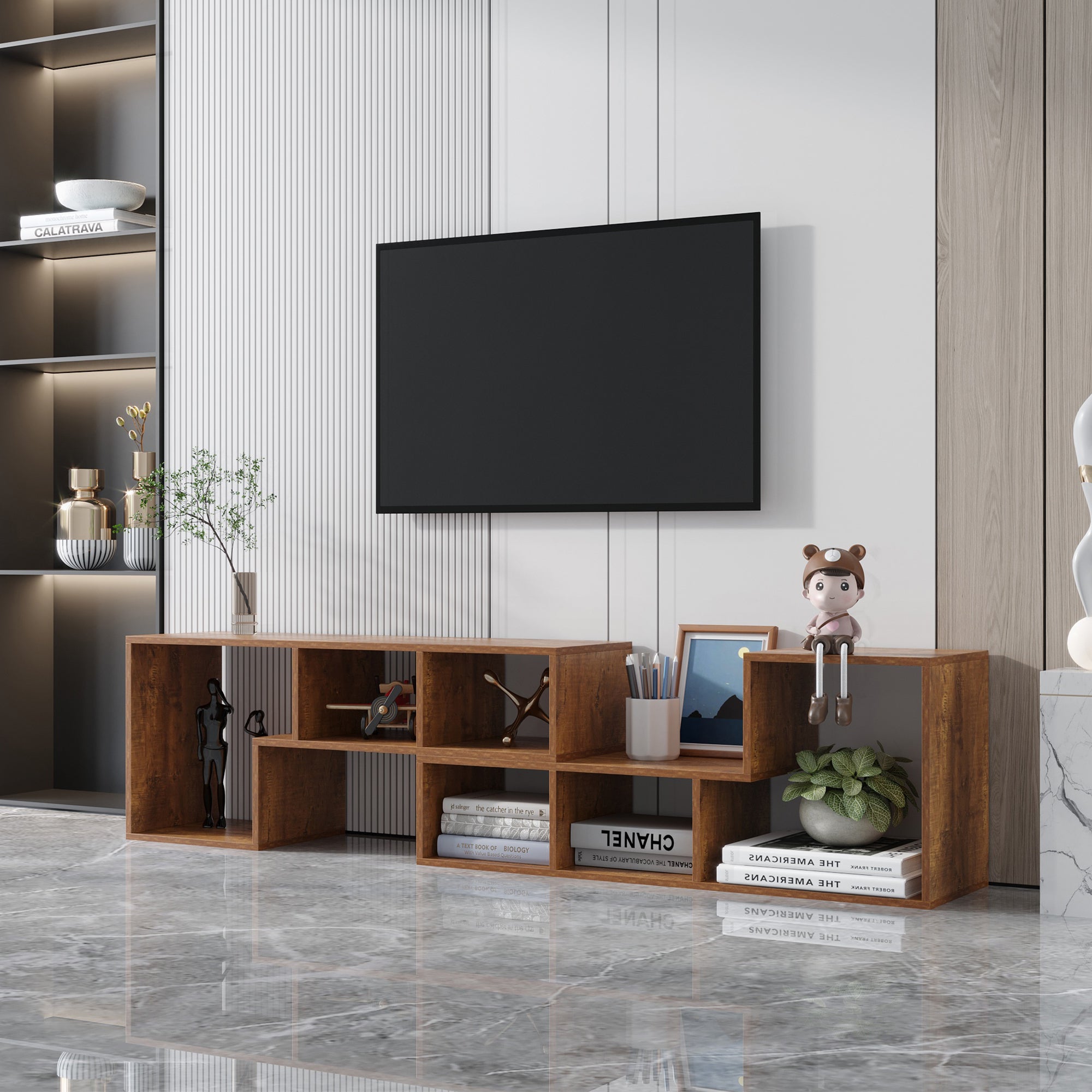 Double L-Shaped TV Stand,Display Shelf ,Bookcase for Home Furniture,Walnut - Atlantic Fine Furniture Inc