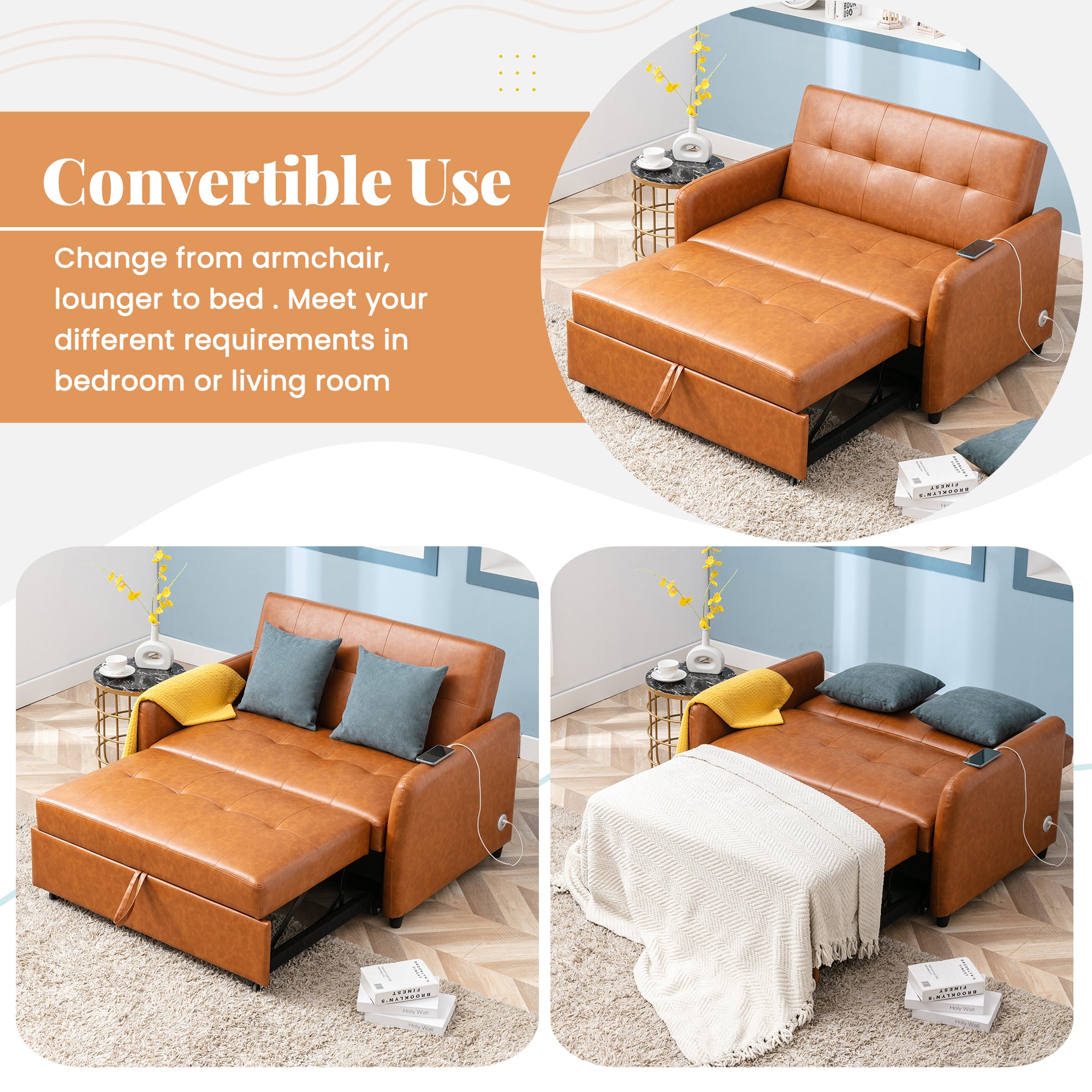 Orisfur. 51" Convertible Sleeper Bed, Adjustable Oversized Armchair with Dual USB Ports for Small Space - Atlantic Fine Furniture Inc