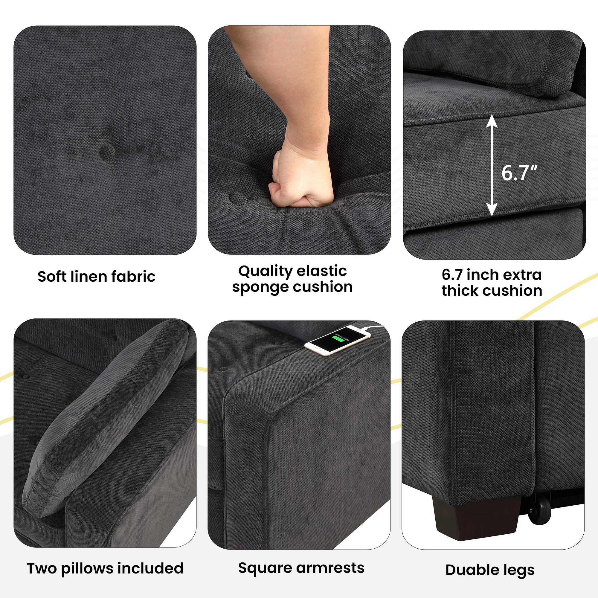 Linen Upholstered Sleeper Bed , Pull Out Sofa Bed Couch attached two throw pillows,Dual USB Charging Port and Adjustable Backrest for Living Room Space,Black - Atlantic Fine Furniture Inc