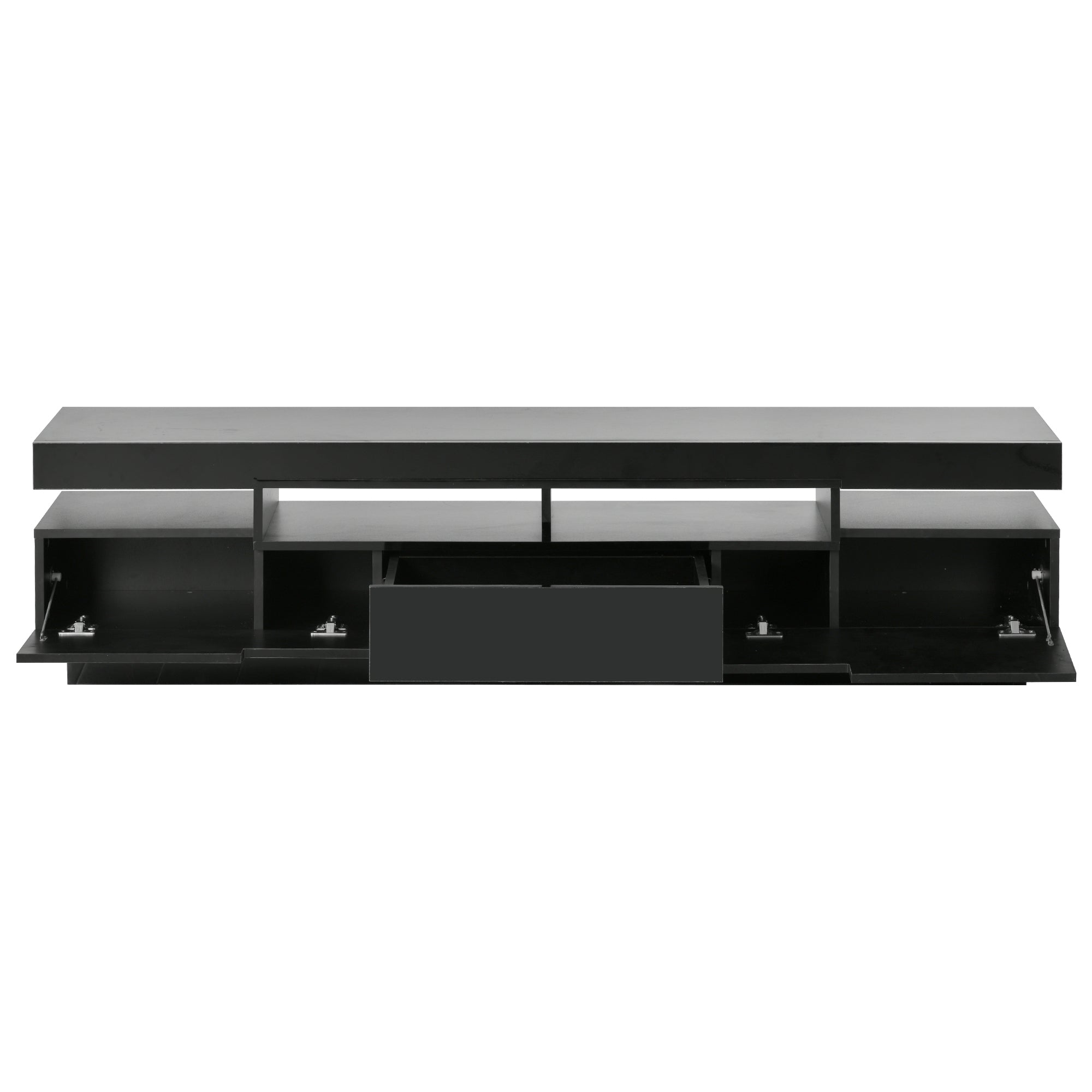 On-Trend TV Stand with 4 Open Shelves, Modern High Gloss Entertainment Center for 75 Inch TV, Universal TV Storage Cabinet with 16-color RGB LED Color Changing Lights, Black - Atlantic Fine Furniture Inc