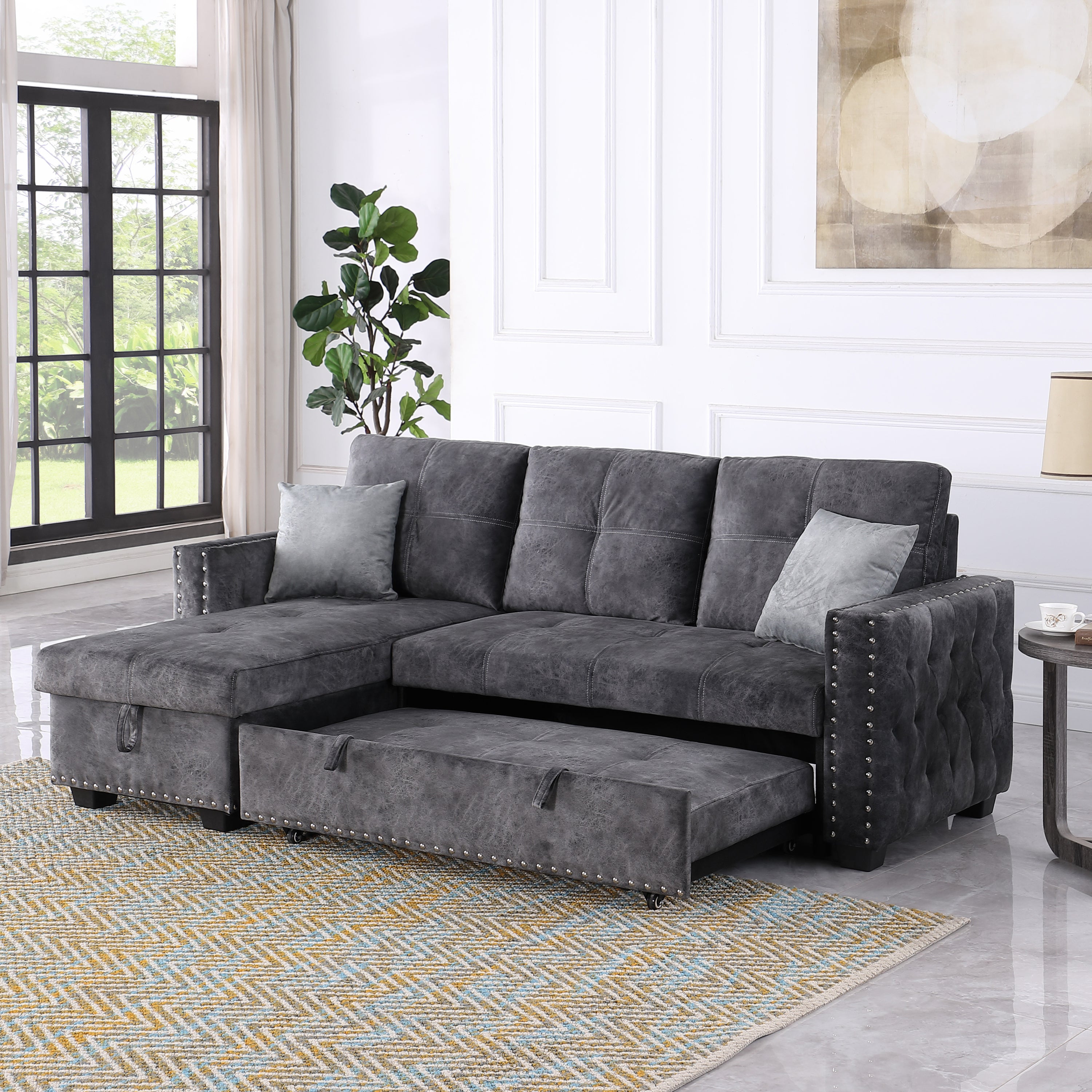 Reversible Sleeper Sectional Storage Sofa Bed,Corner Sofa-Bed With Storage,3 Seat Both Left Handed And Right Handed, Nailheaded - Atlantic Fine Furniture Inc