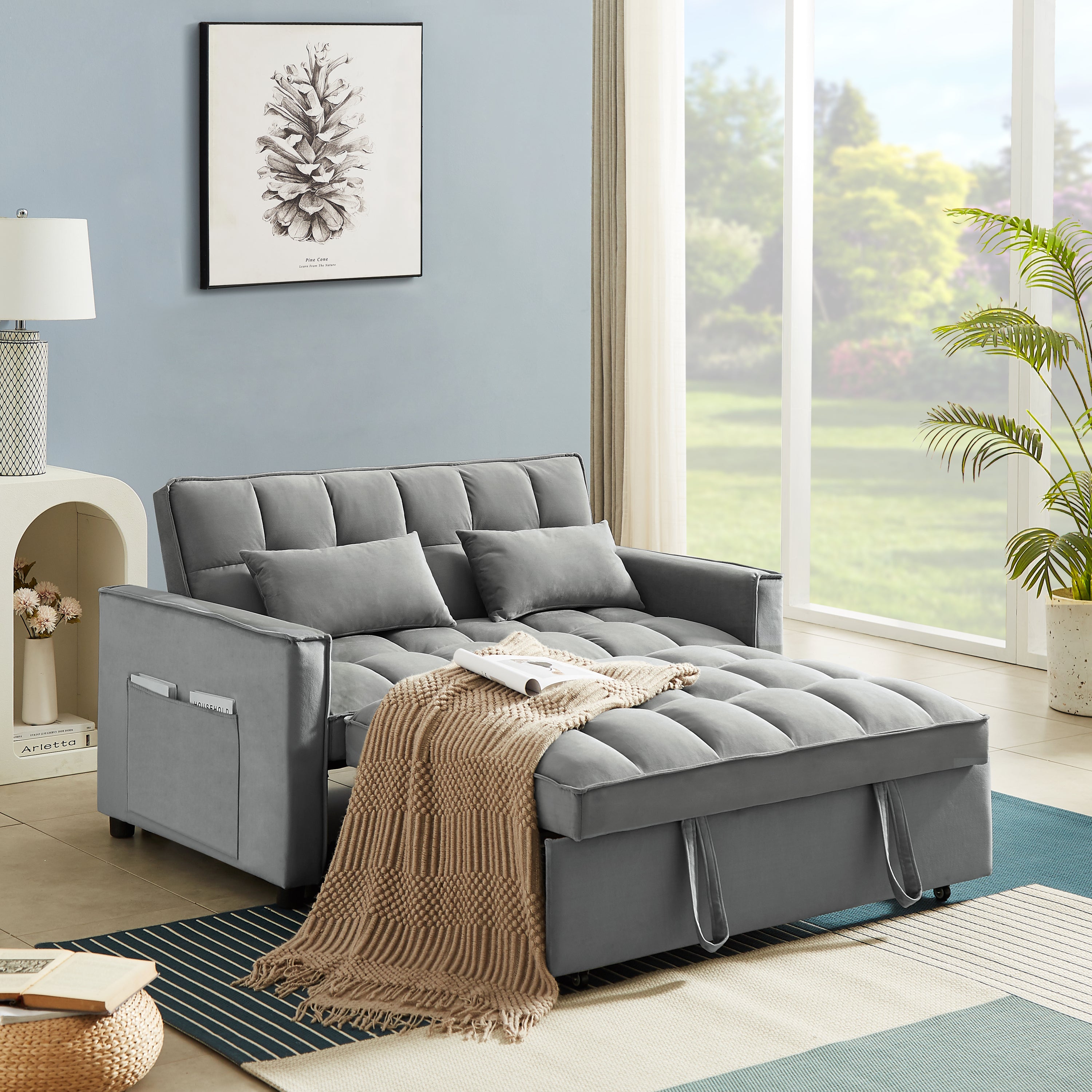 Modern Velvet Convertible Loveseat Sleeper Sofa Couch with Adjustable Backrest, 2 Seater Sofa With Pull-Out Bed with 2 Lumbar Pillows For Small Living Room & Apartment - Atlantic Fine Furniture Inc