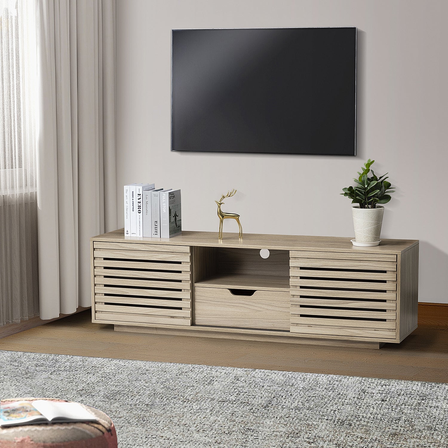 Hesperia TV Stand with Storage and Two Slatted Sliding Doors for TVs up to 65" - Atlantic Fine Furniture Inc