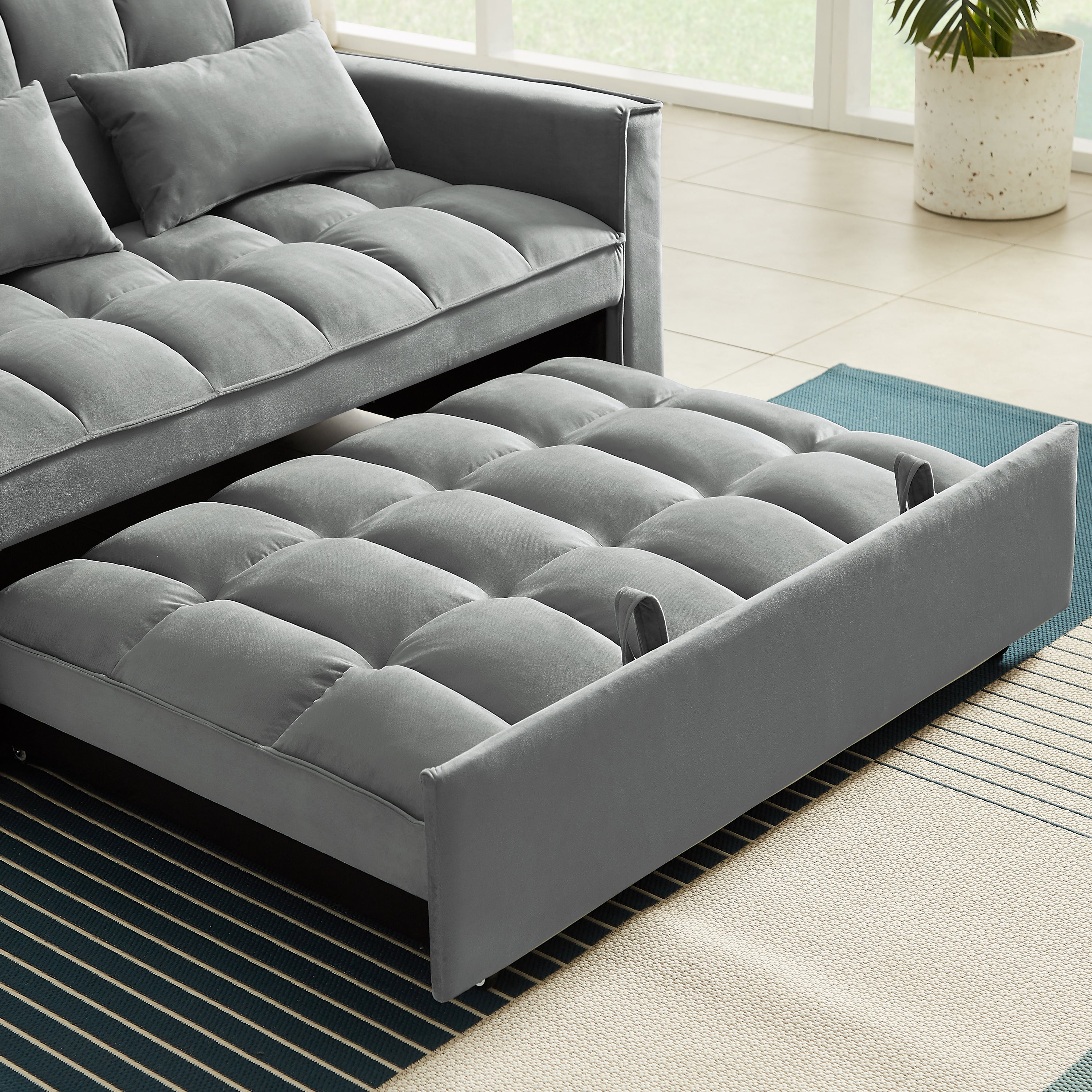 Modern Velvet Convertible Loveseat Sleeper Sofa Couch with Adjustable Backrest, 2 Seater Sofa With Pull-Out Bed with 2 Lumbar Pillows For Small Living Room & Apartment - Atlantic Fine Furniture Inc