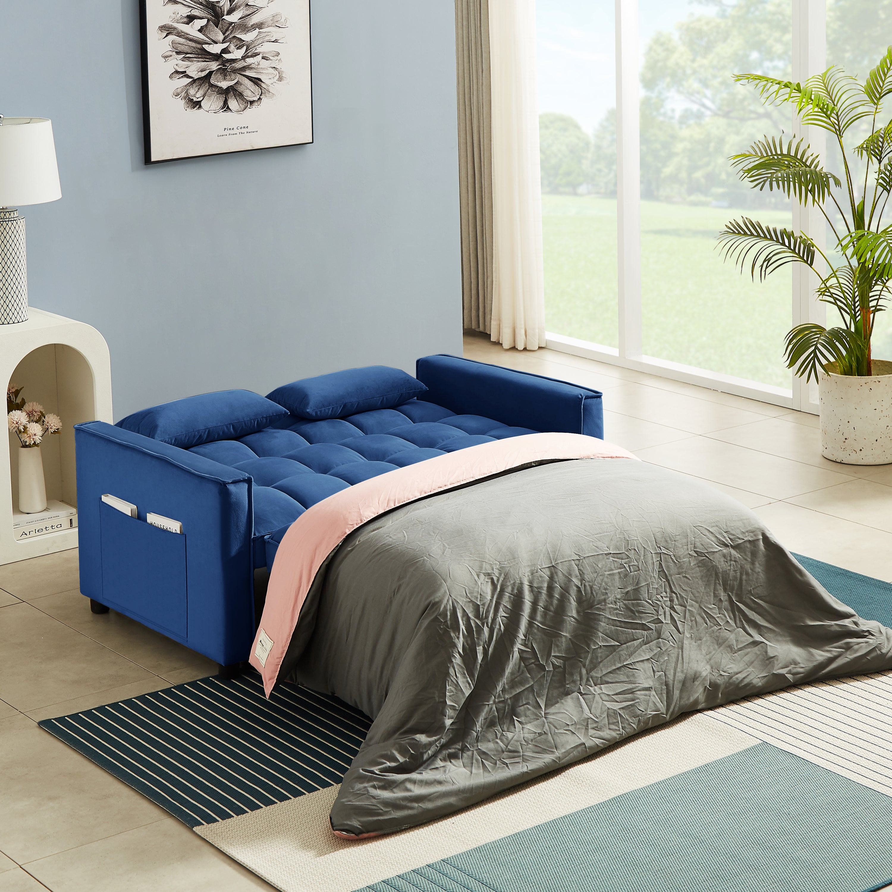 Modern Velvet Convertible Loveseat Sleeper Sofa Couch with Adjustable Backrest, 2 Seater Sofa With Pull-Out Bed with 2 Lumbar Pillows For Small Living Room & Apartment - Atlantic Fine Furniture Inc
