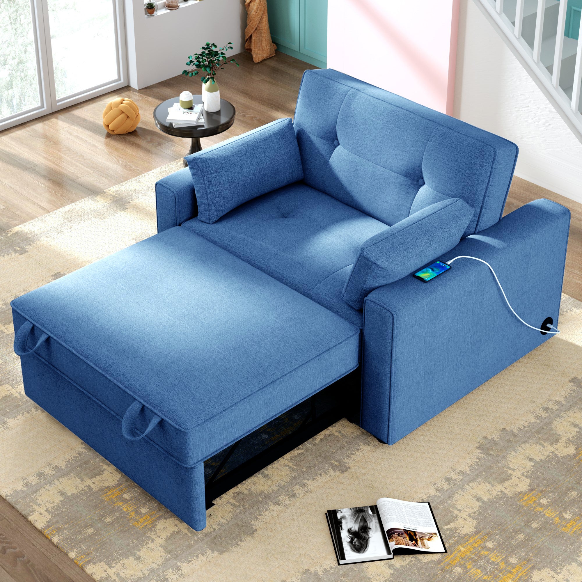 Orisfur. 48" Convertible Sleeper Sofa Bed, Multi-Functional Adjustable Single Bed Chair with USB Port and 2 Pillows for Small Space - Atlantic Fine Furniture Inc