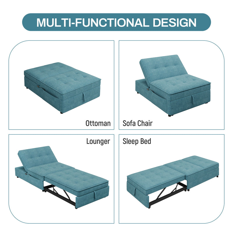 4-In-1 Sofa Bed, Chair Bed, Multi - Function Folding Ottoman Bed With Storage Pocket And USB Port For Small Room Apartment, Living Room, Bedroom, Hallway, Teal