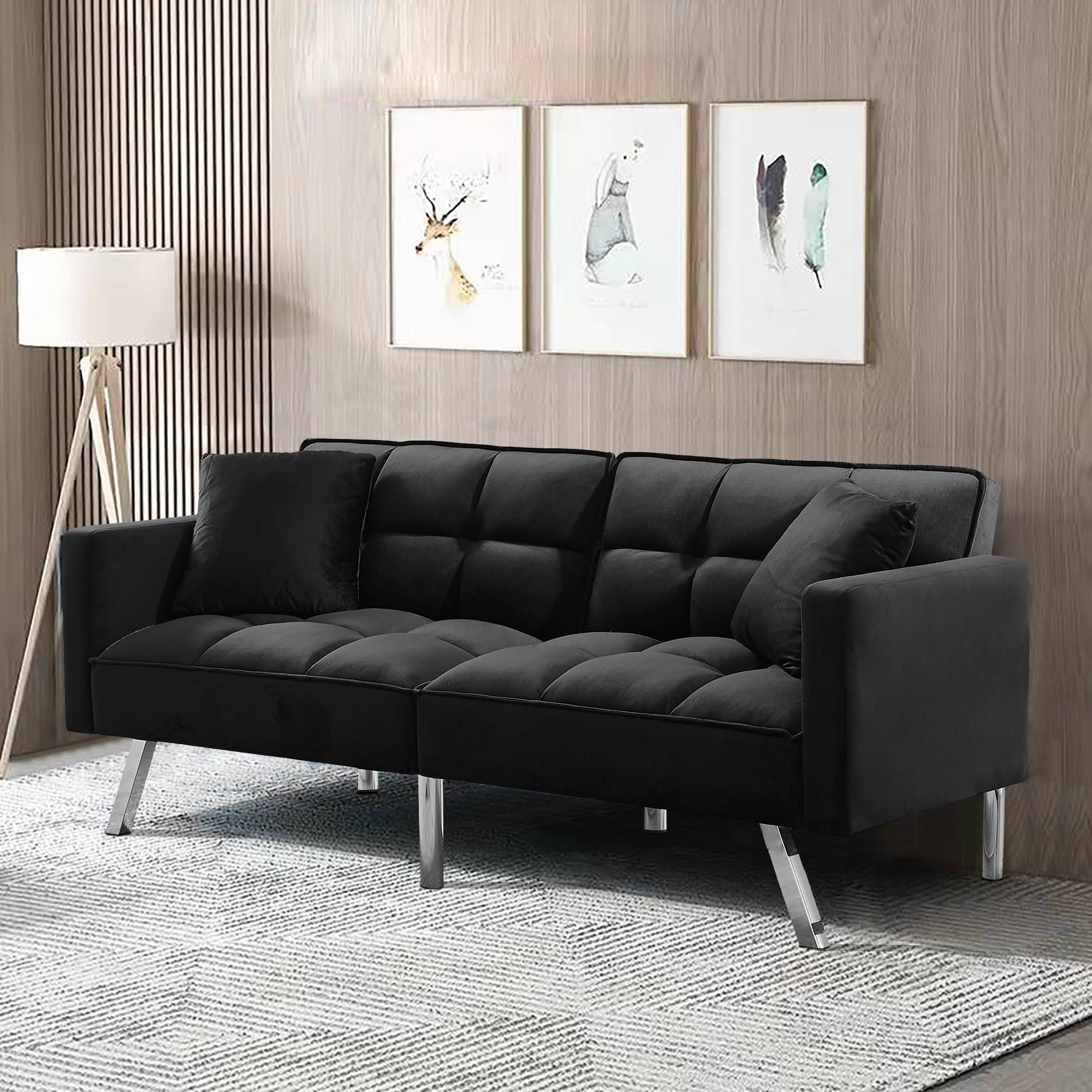 FUTON SOFA SLEEPER BLACK VELVET WITH 2 PILLOWS (same as W223S01430 Size difference, See Details in page.) - Atlantic Fine Furniture Inc