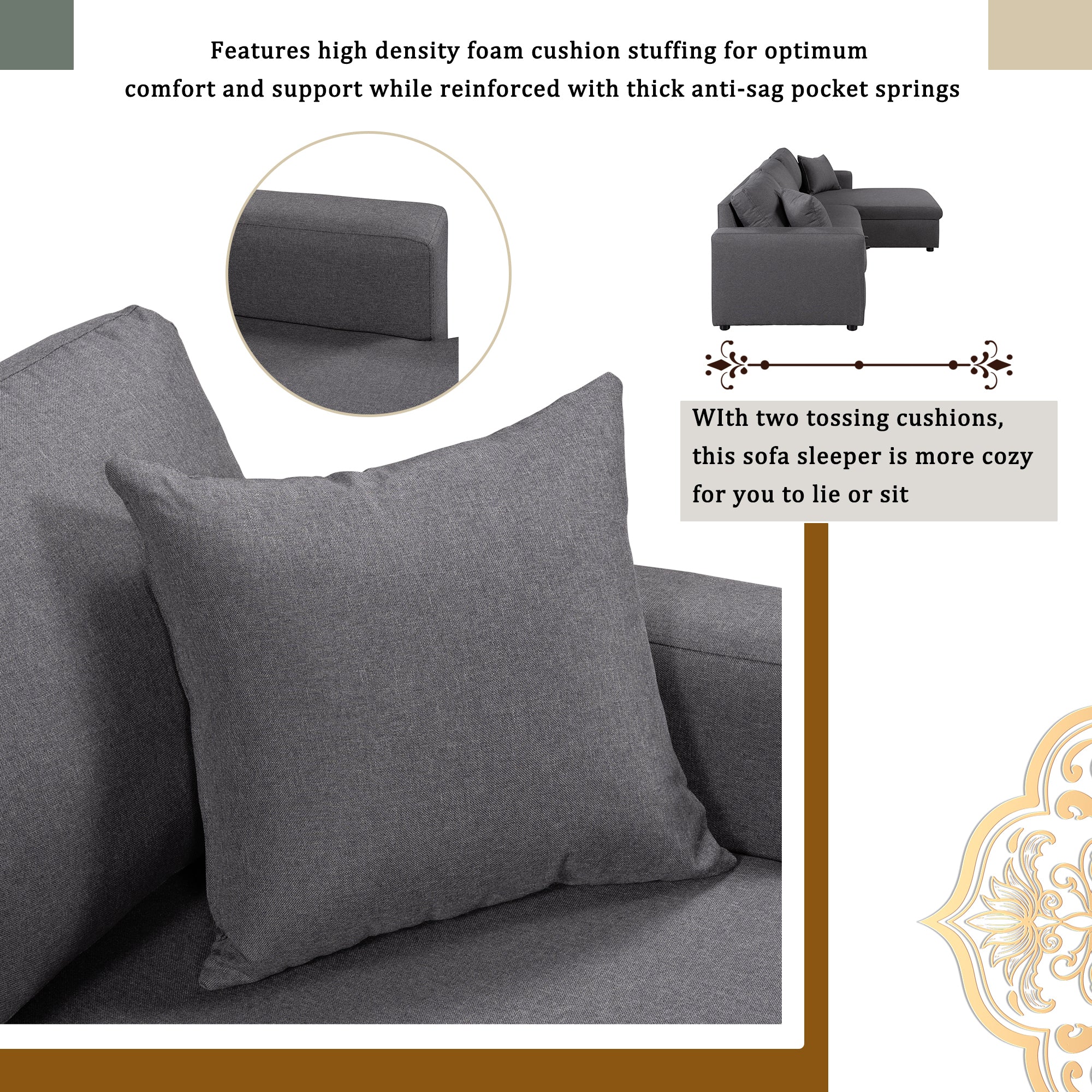 U_STYLE Upholstery Sleeper Sectional Sofa Grey with Storage Space, 2 Tossing Cushions - Atlantic Fine Furniture Inc