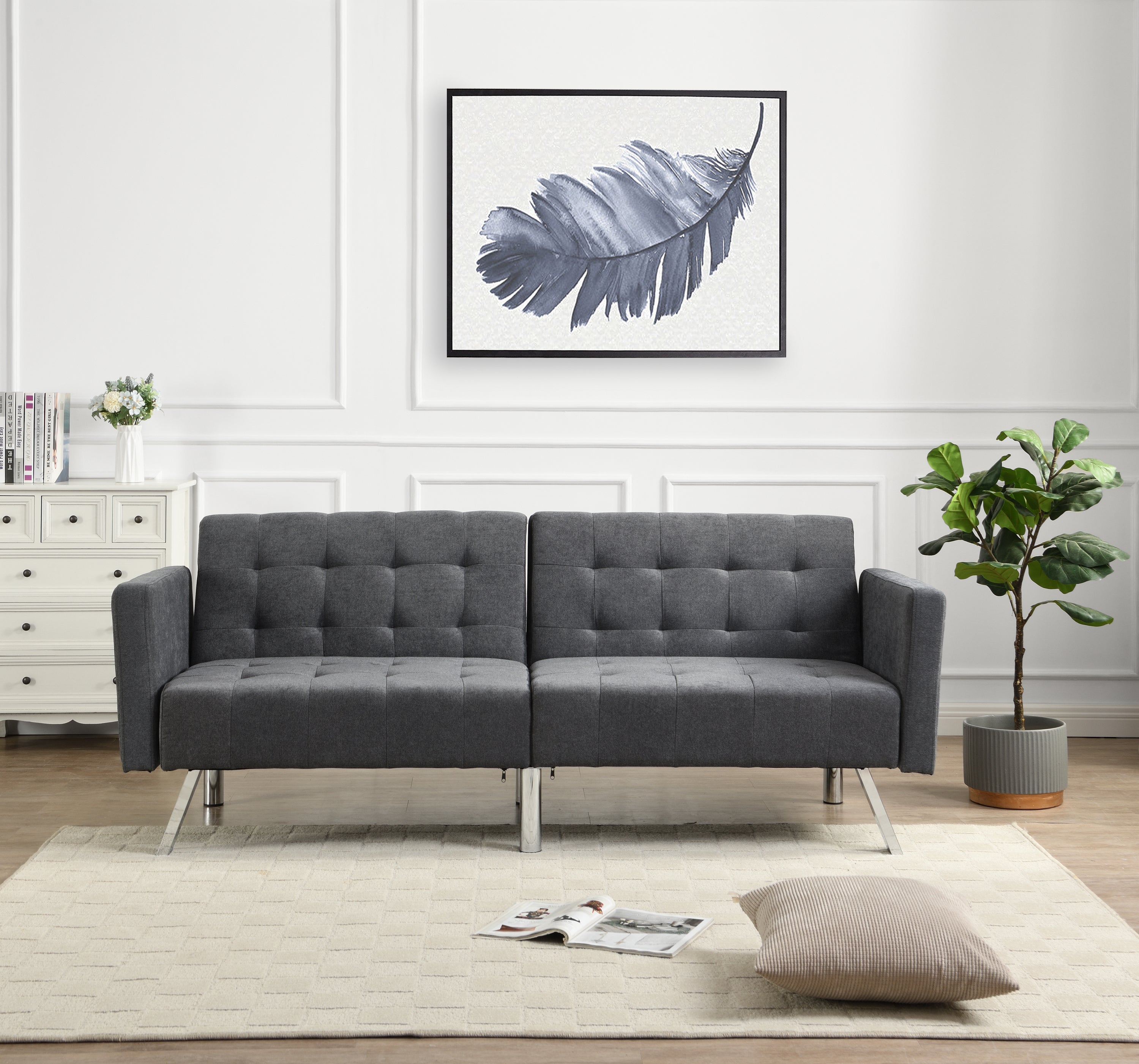 Sofa Bed Convertible Folding Dark Grey Lounge Couch Loveseat Sleeper Sofa Armrests Living Room Bedroom Apartment Reading Room - Atlantic Fine Furniture Inc