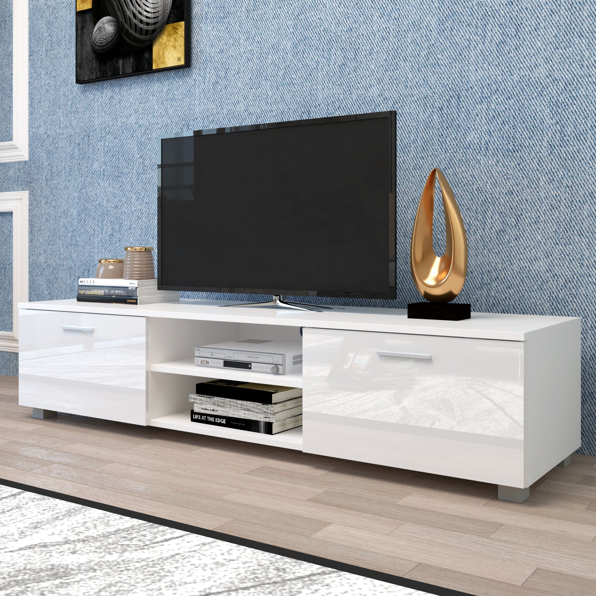White TV Stand for 70 Inch TV Stands, Media Console Entertainment Center Television Table, 2 Storage Cabinet with Open Shelves for Living Room Bedroom - Atlantic Fine Furniture Inc