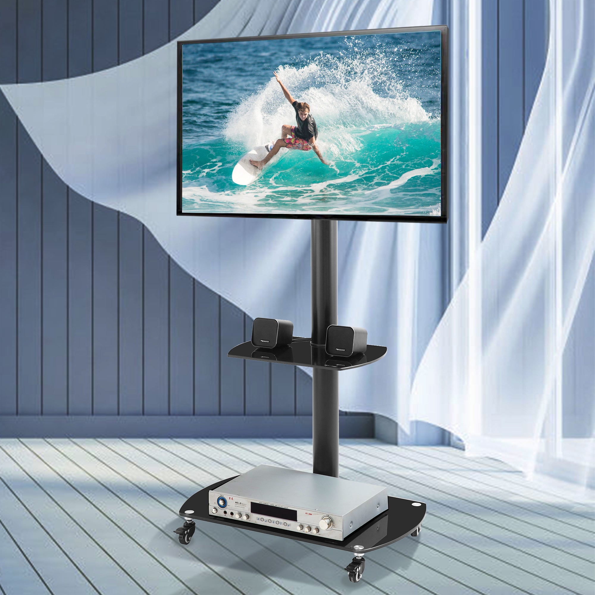 Height and Angle Adjustable Multi-Function Tempered Glass Metal Frame Floor With Lockable Wheels Mobile TV Stand, LCD/Plasma TV bracket 2 Tier Tempered Glass Shelves For Multiple Media Devices - Atlantic Fine Furniture Inc