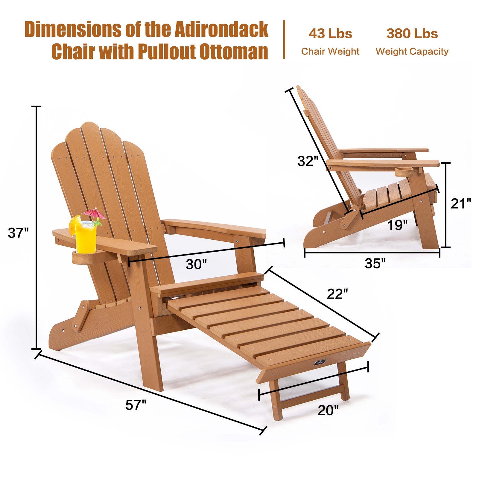 TALE Folding Adirondack Chair with Pullout Ottoman with Cup Holder, Oversized, Poly Lumber, for Patio Deck Garden, Backyard Furniture, Easy to Install,BROWN. Banned from selling on Amazon - Atlantic Fine Furniture Inc