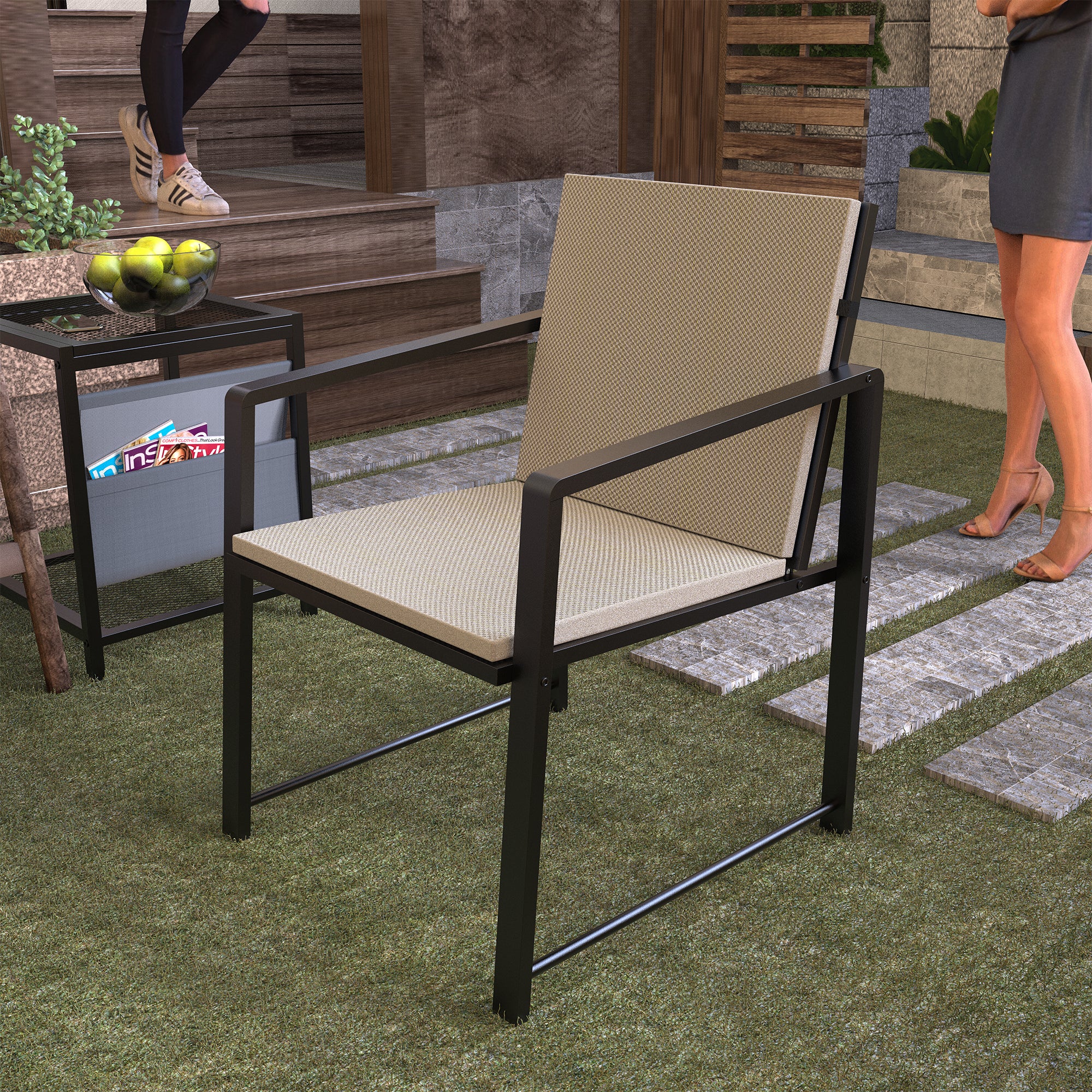 Outdoor Patio Furniture 3 pieces Set Garden Armchair Coffee Side Table,Black Frame, Modern Design - Atlantic Fine Furniture Inc