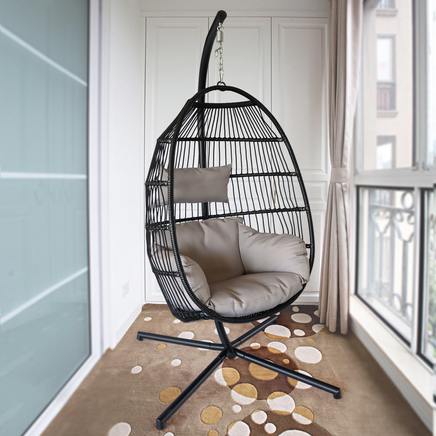 Hanging Egg Chair with Stand Outdoor Patio Swing Egg Chair Indoor Folding Egg Chair, Waterproof Cushion, Folding Rope Back, Heavy Duty C-Stand, 330LBS Capacity - Atlantic Fine Furniture Inc